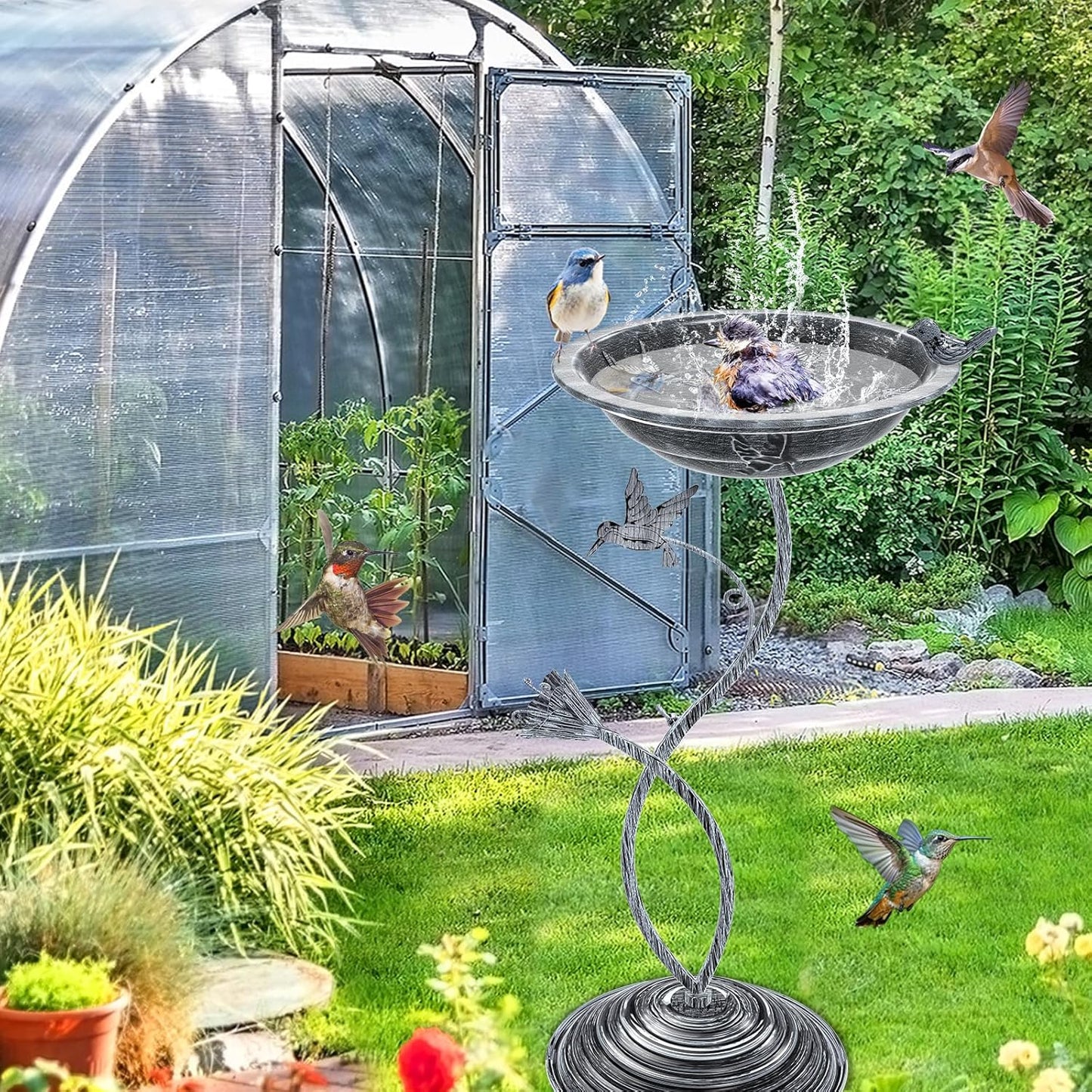Bird Bath Garden for Outside, Vintage Metal Birdbaths Bowl with Roman Pedestal for Outdoors, Standing Bird Bath Bowl Birdfeeder for Yard Lawn Decor (Vintage Silver - Hummingbird)