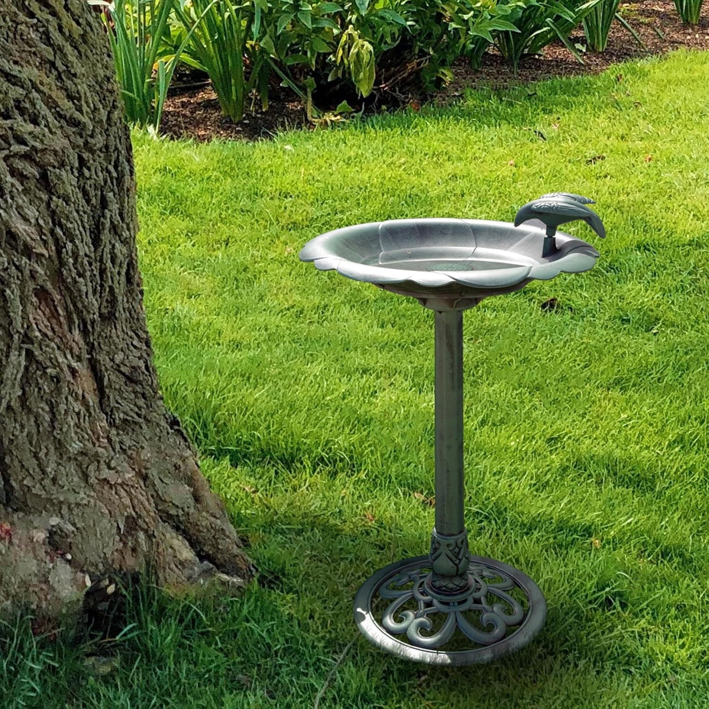 Alpine Corporation 31" Tall Outdoor Antique Flower Birdbath with Bird Decoration Yard Statue, Durable Polypropylene Construction for Patio, Deck, or Yard, Green