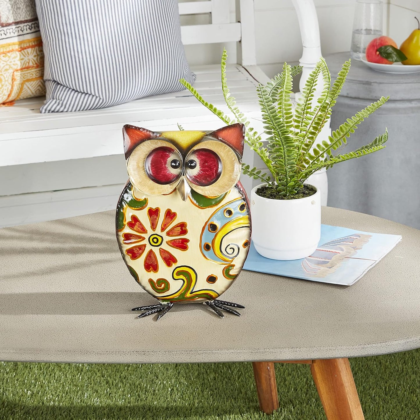 Deco 79 Metal Owl Decorative Garden Sculpture Indoor Outdoor Garden Statue with Floral Pattern, Outdoor Sculpture 8" x 4" x 11", Yellow