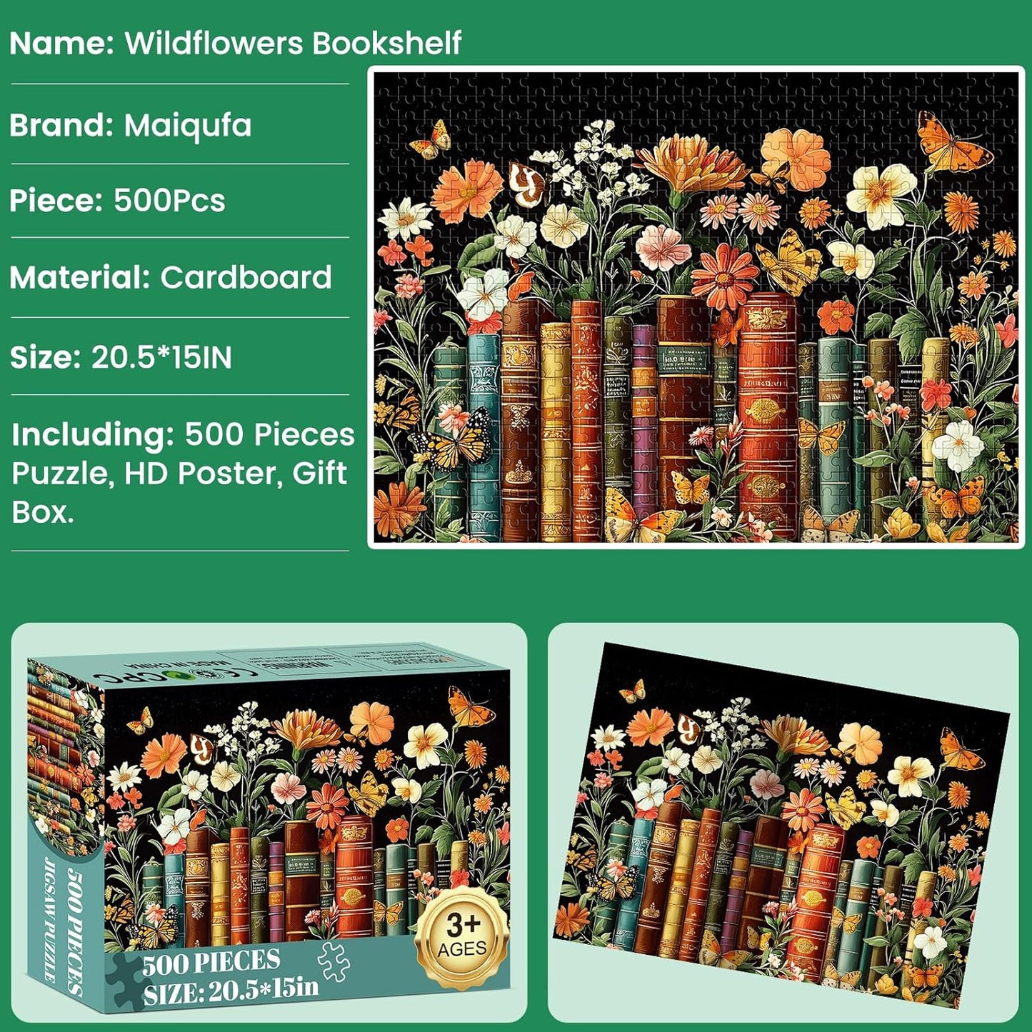 500 Piece Puzzle for Adults | Vintage Wildflowers Books Puzzle | Recyc
