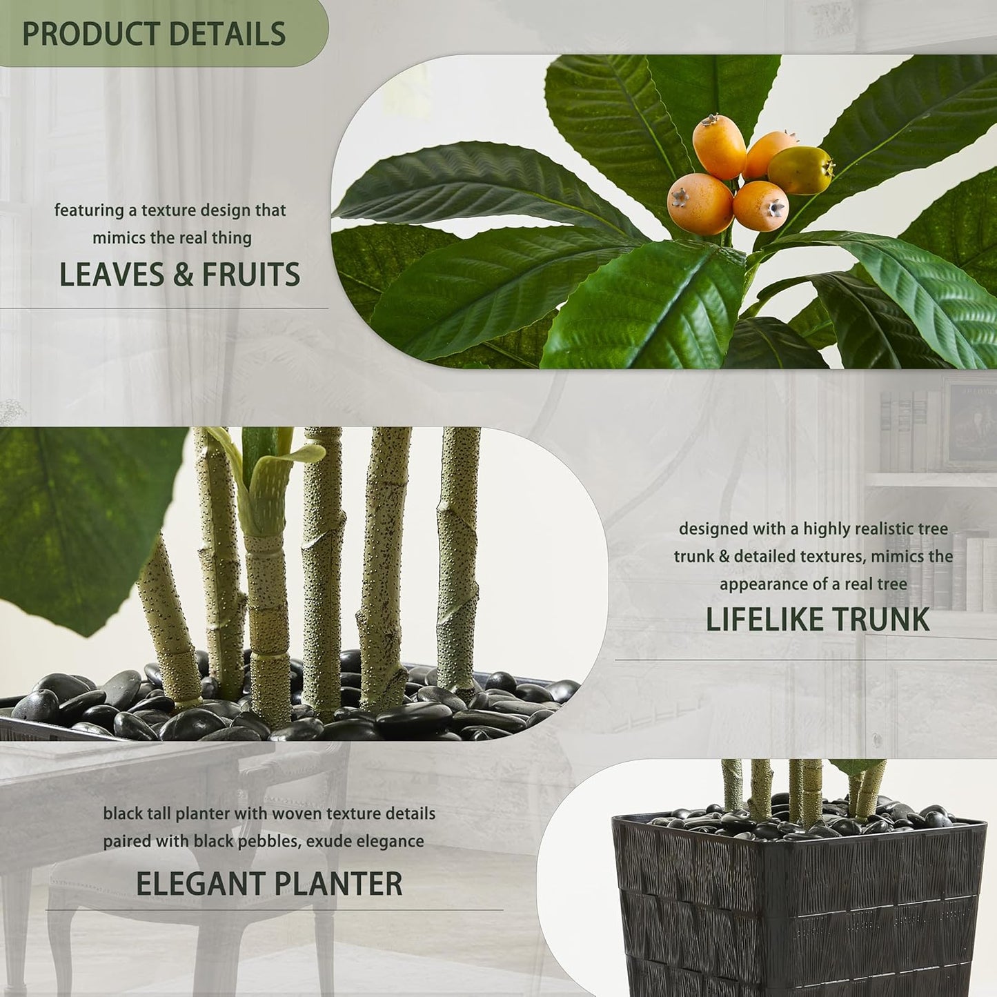 5FT Artificial Tree with Fruit, Artificial Loquat Tree, Large Fake Green Tropical Fruit Tree Silk Floor Plants Indoor with Black Planter for Outdoor Home Room Office Patio Decor