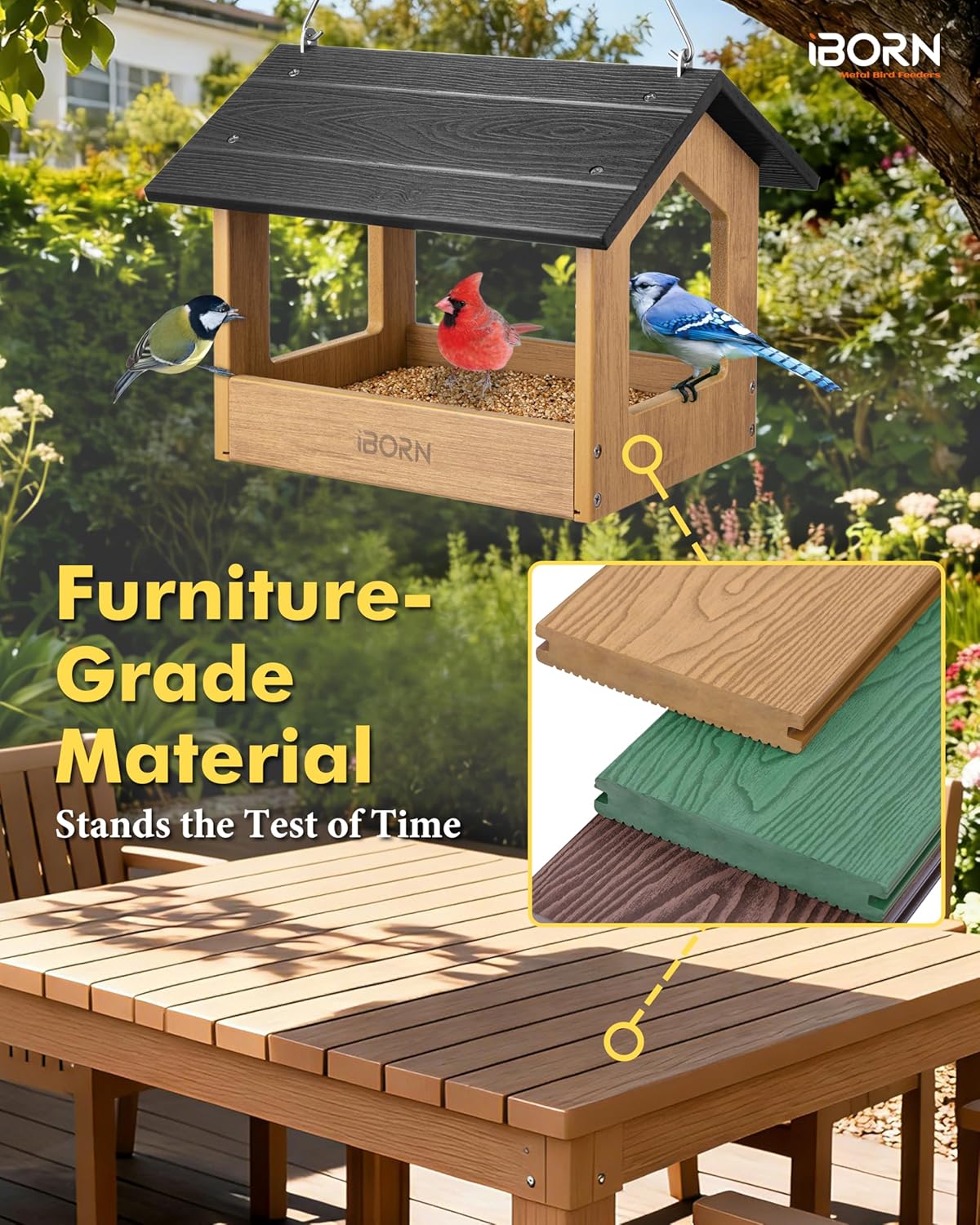iBorn Pavilion Bird Feeder, Covered Platform Bird Feeder for Outdoors Hanging, WPC Recycled Plastic & Waterproof, Black
