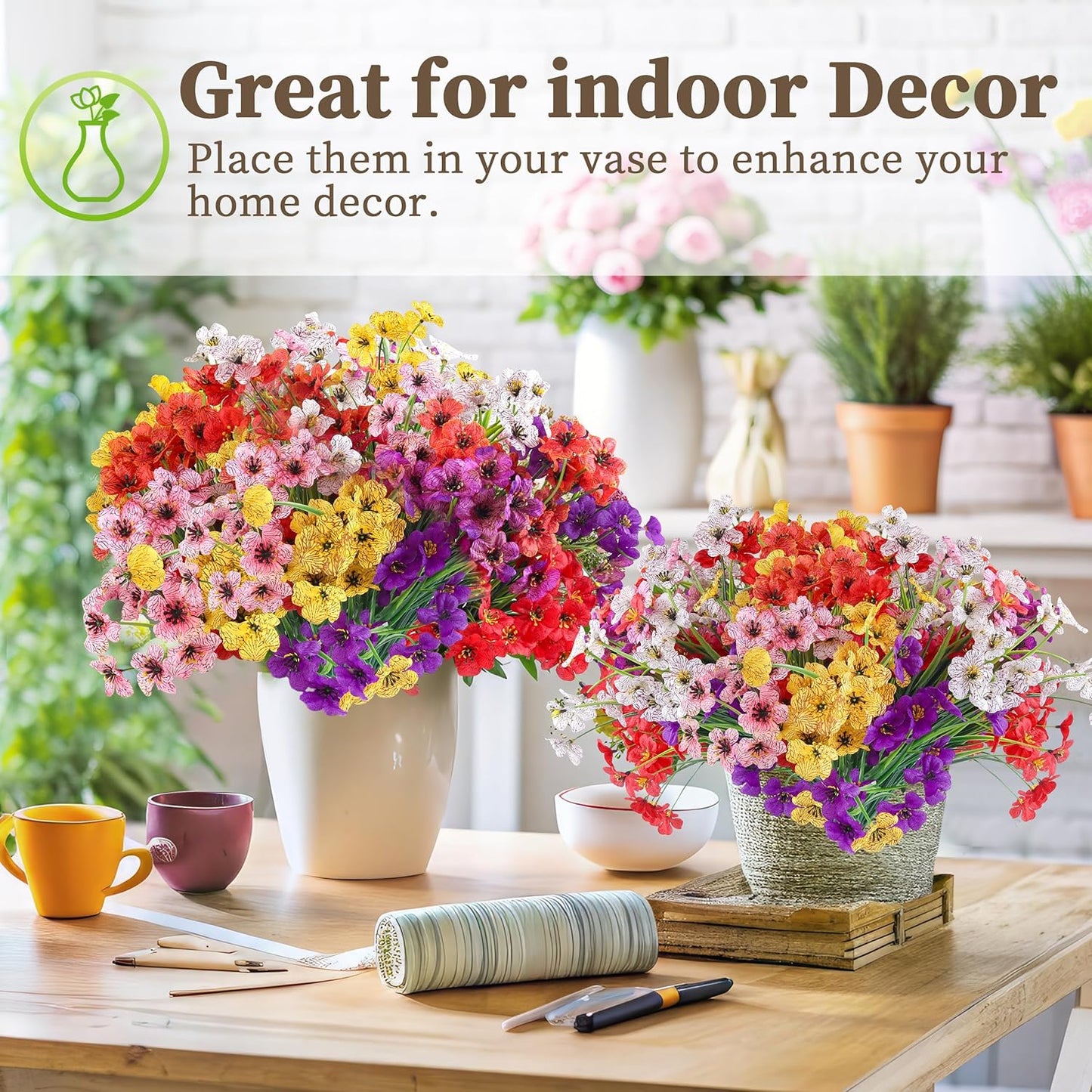 24 Bundles Artificial Flowers for Outdoors/Indoors, Fake Flowers Plants for Indoor Outside Garden Porch Window Box Home Wedding Farmhouse(8 Color)