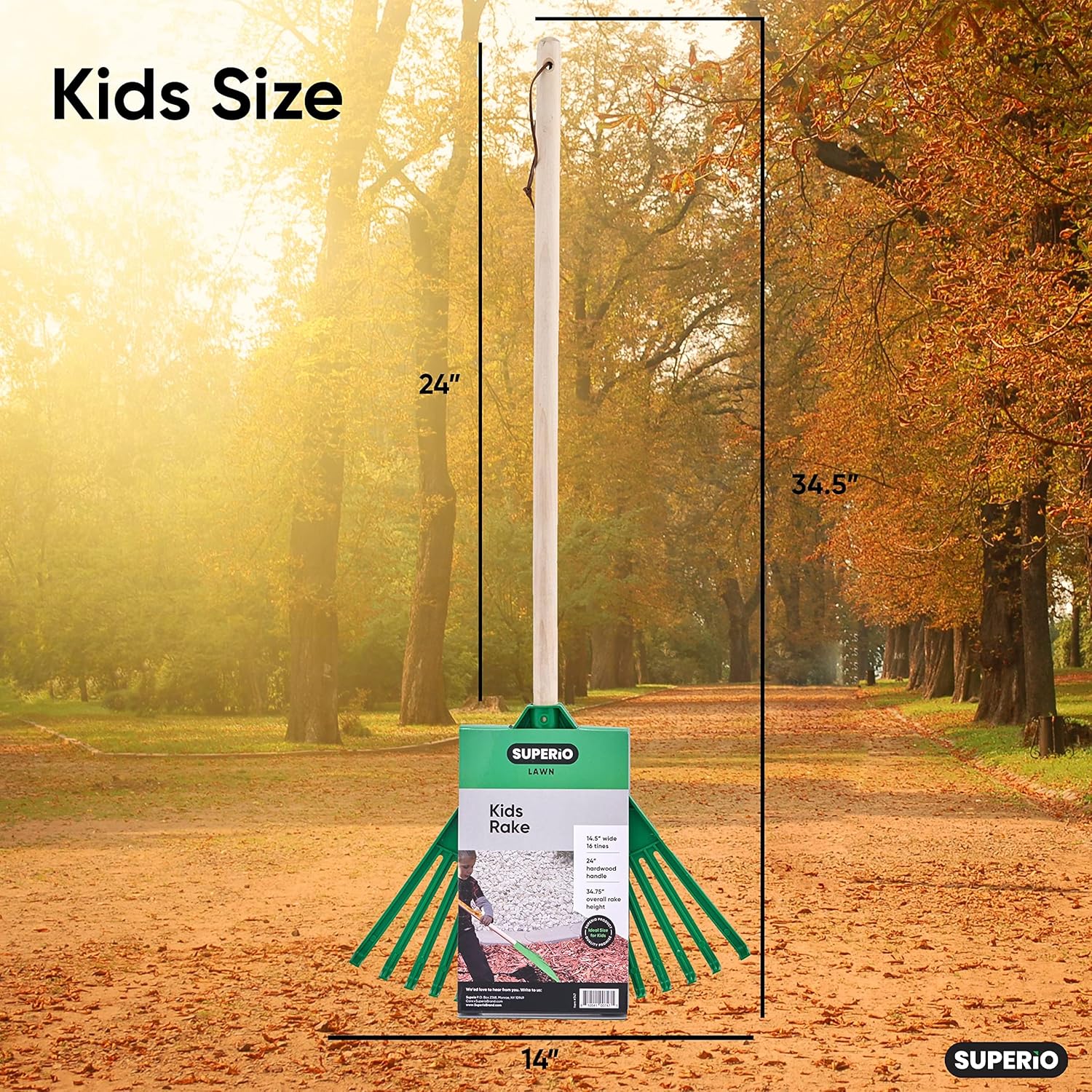 Superio Kids Rake with Hardwood Handle, Gardening and Lawn Care Tools 