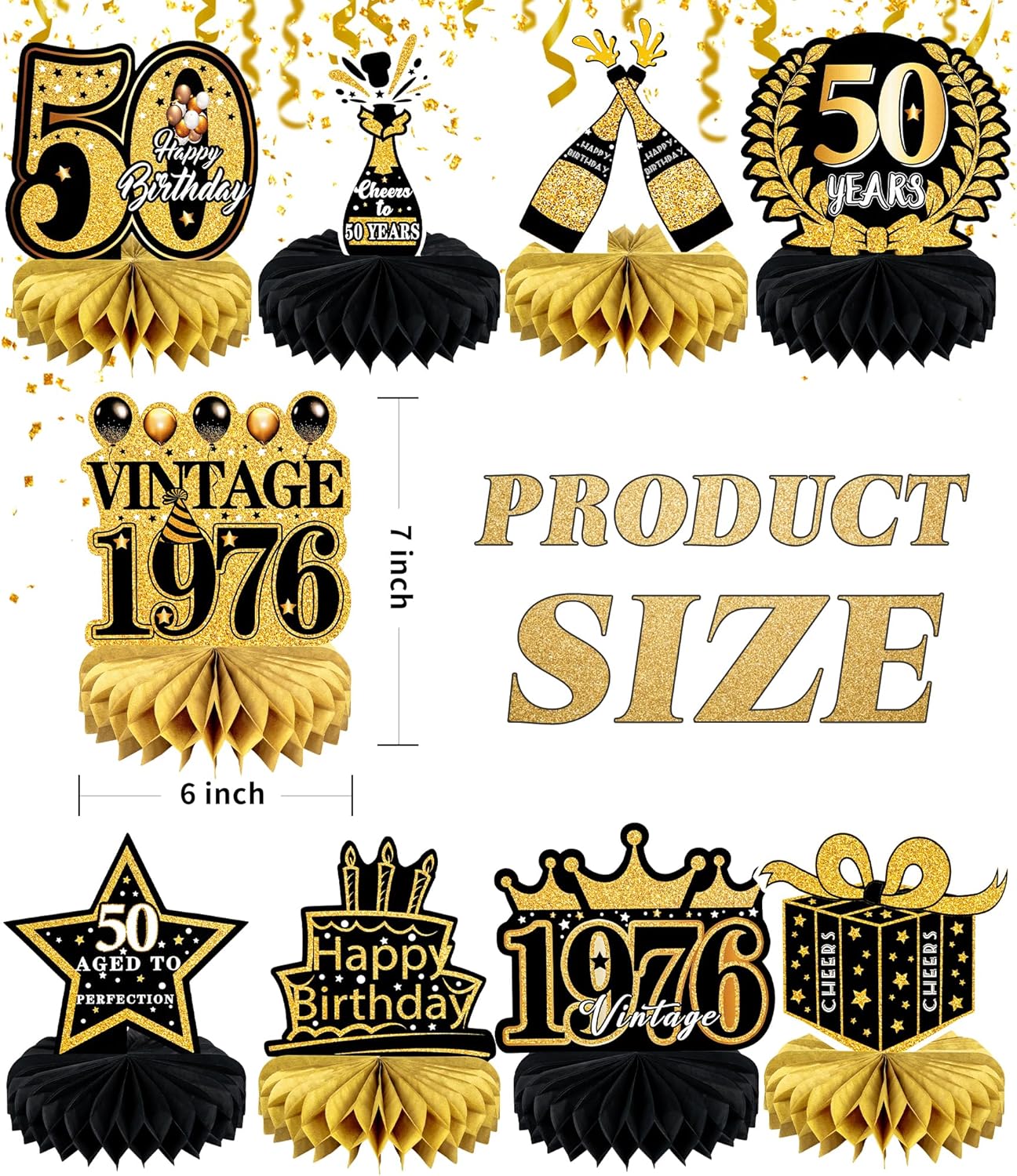 9 Pcs 50th Birthday Decoration for Men Women 50th Birthday Table Decorations Cheers to 50th Birthday Honeycomb Centerpieces Table Topper Black and Gold 50th Birthday Party Favors