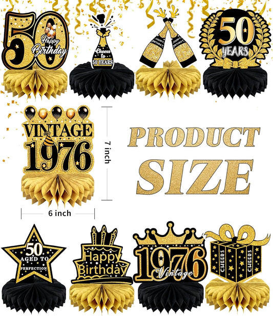 9 Pcs 50th Birthday Decoration for Men Women 50th Birthday Table Decorations Cheers to 50th Birthday Honeycomb Centerpieces Table Topper Black and Gold 50th Birthday Party Favors