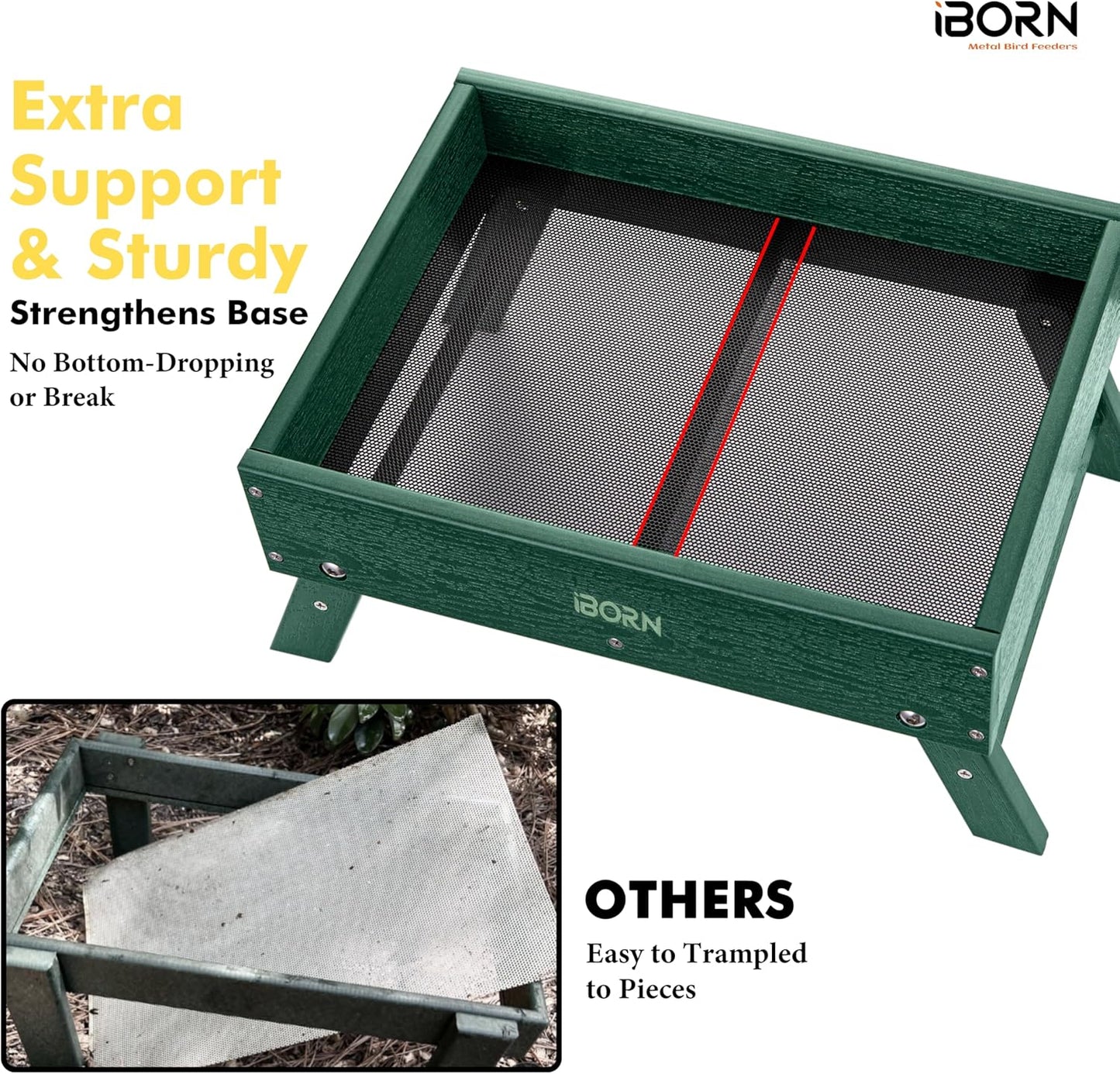 iBorn Ground Bird Feeder, Bird & Squirrel Platform Feeder for Outdoors, WPC Recycled Plastic, 3.6LB Large Capacity, Green