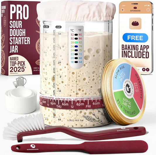 Superbaking Sourdough Starter Jar, Beginner Sourdough Starter Kit, 34oz Wide Mouth Sour Dough Glass Jar with Guides & Recipes, Sourdough Bread Baking Supplies, Sourdough Container Crock