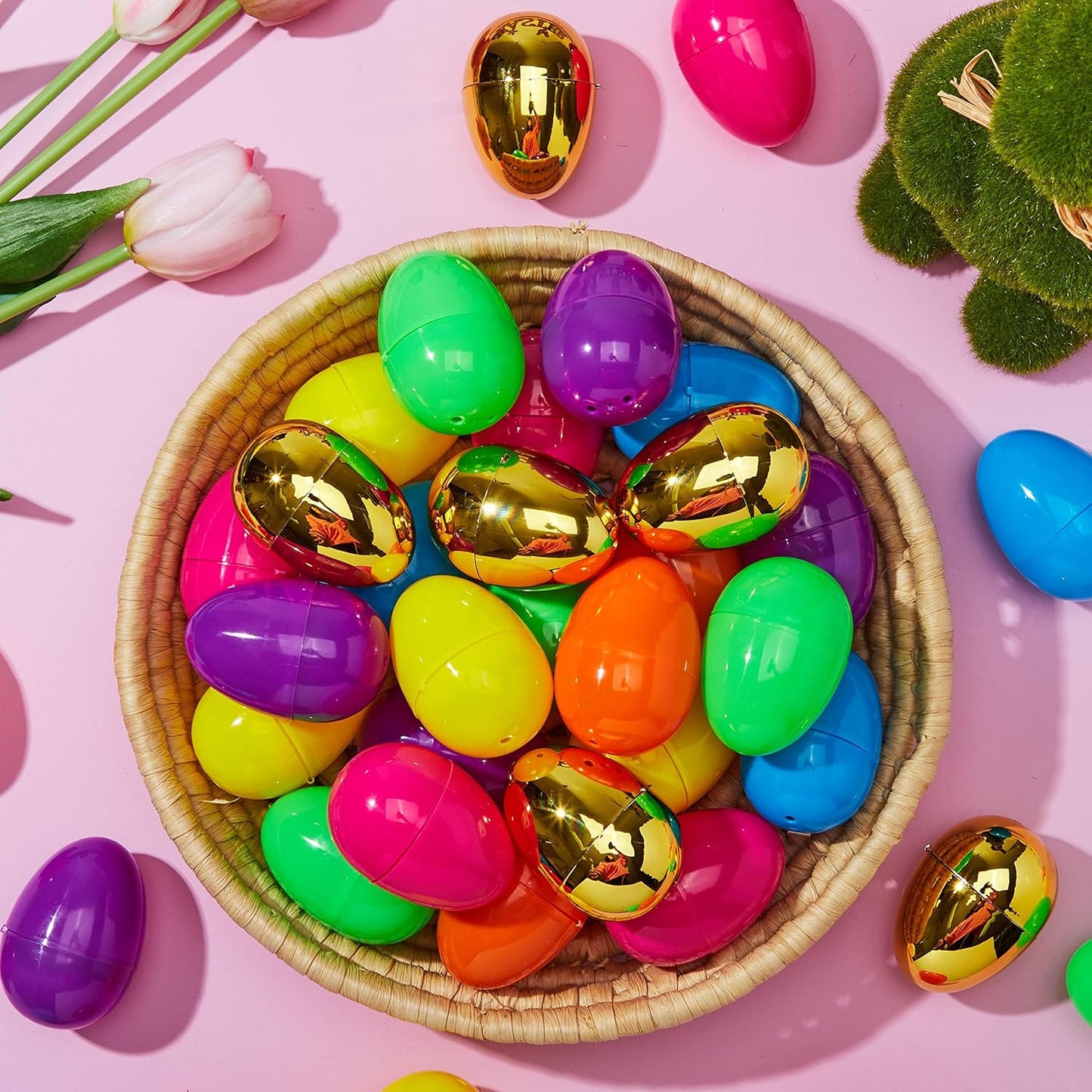 JOYIN 50PCS Plastic Easter Eggs, Empty 2.3" 44PCS Colorful with 6PCS Golden Eggs Bulk Fillable for Easter Hunt Party Favor Basket Stuffers Filler Classroom Prize Supplies Decor