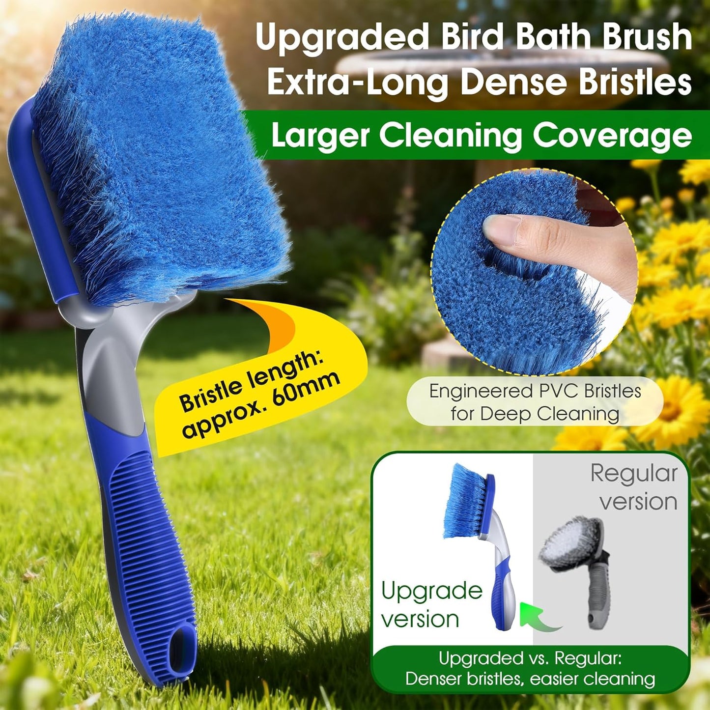Bird Bath Cleaner, Hummingbird Feeder Cleaning Brushes, Non Scratch Scrub Brush with Large Ergonomic Handle and PVC Bristles for Bird Feeder, Bath Accessories, Fountain, Concrete Outdoor Cleaning