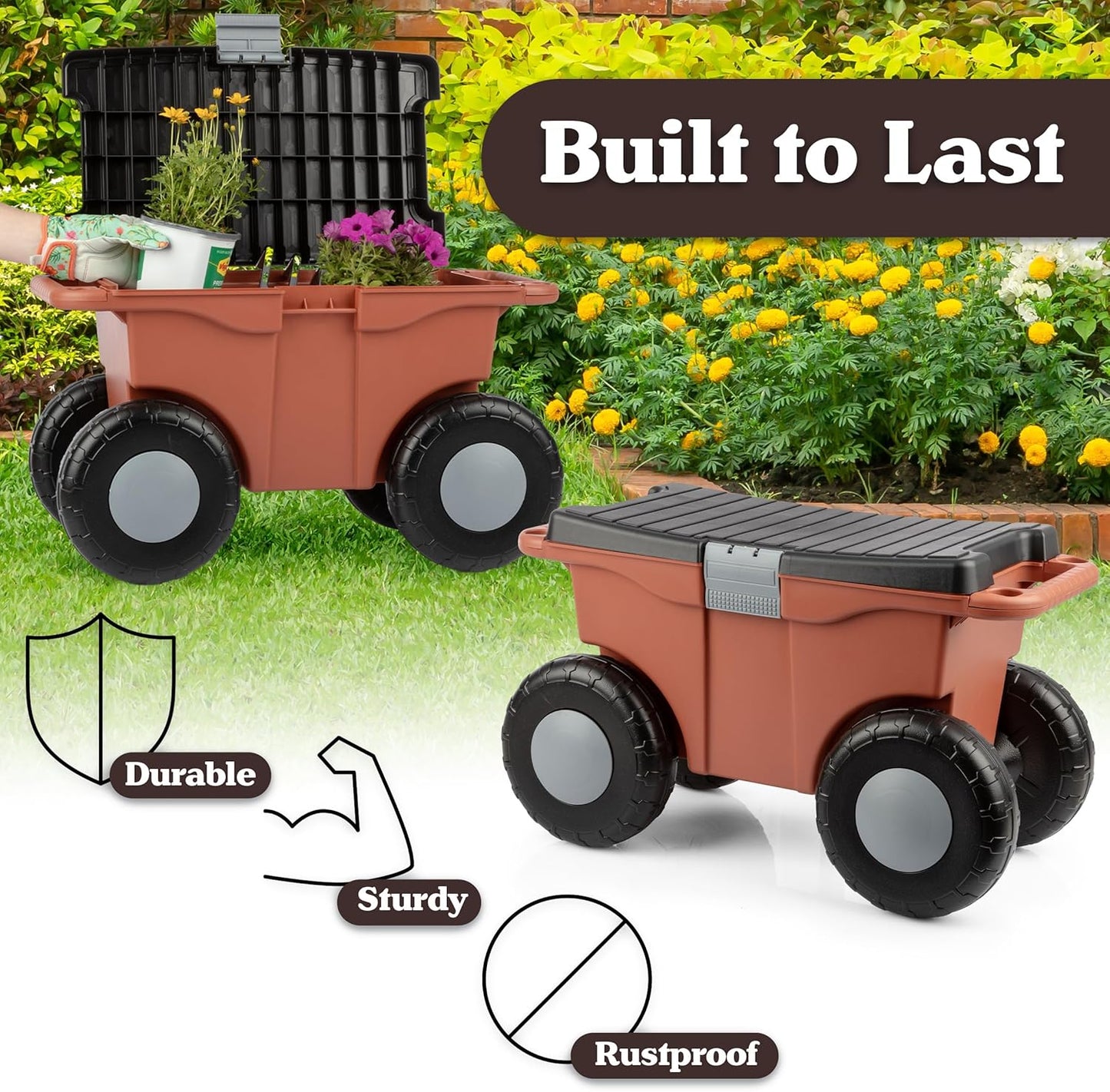 Pure Garden Rolling Garden Cart with Seat - Plastic Storage with Bench