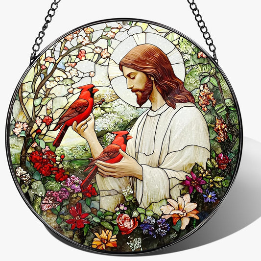 8-Inch Jesus with Cardinals Suncatcher Ornament, Stained Glass Window Hanging & Religious Christmas Ornament, Christian Window Decor — Memorial Gift, Christian Gifts for Her, Religious Gifts