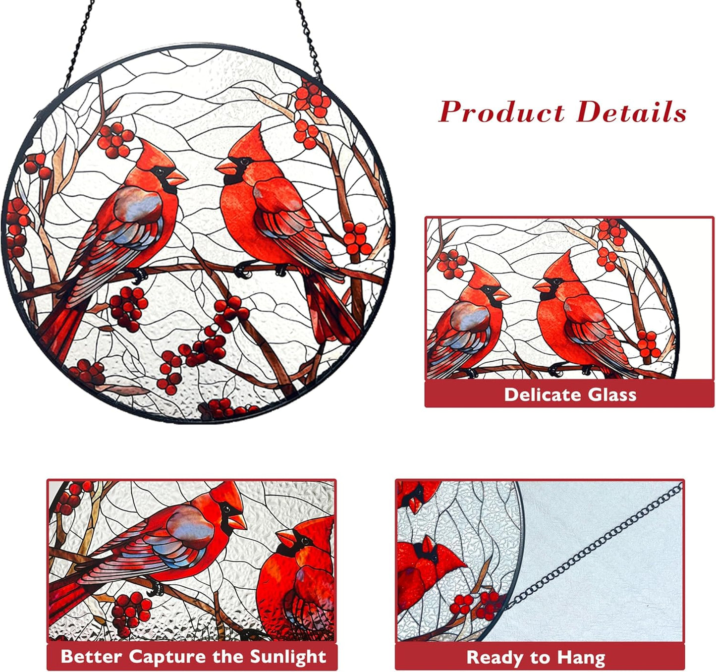 Cardinal Red Bird Suncatcher Stained Glass Suncatchers 7.87 Inch Stained Glass Ornament for Home Decor Indoor Wall Art for Christmas Day Valentine's Day Mother's Day Women