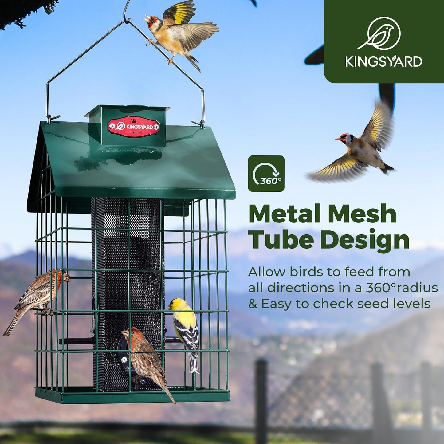 Kingsyard Squirrel Proof Caged Bird Feeder for Outdoor Hanging - Weatherproof Metal Mesh Tube Finch Bird Feeder with 4 Ports for Nyjer/Thistle Seed, Small Birds Goldfinches, Chickadees, Black