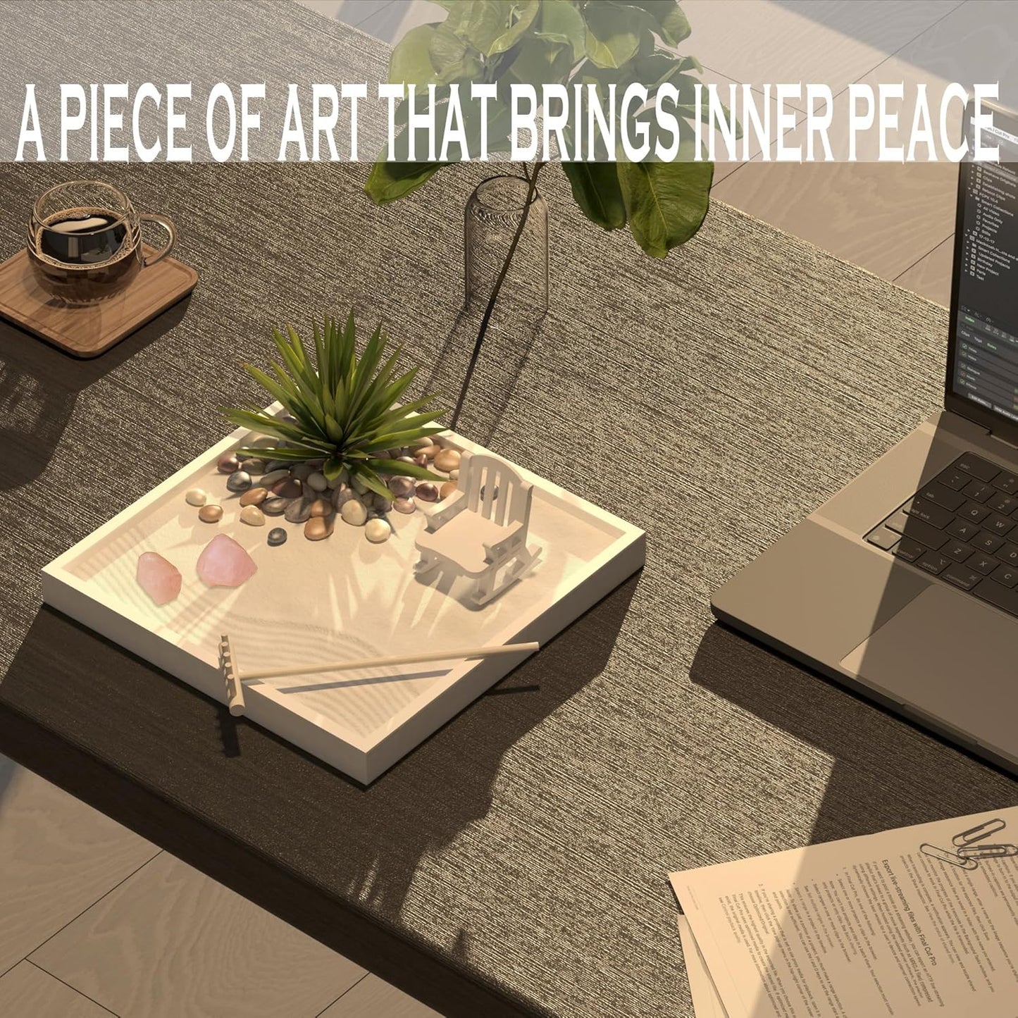 Zen Garden for Desk – White Modern Style with Healing Crystals and Sand Rake, Perfect for Home, Office, and Desktop Decor, Meditation and Stress Relief