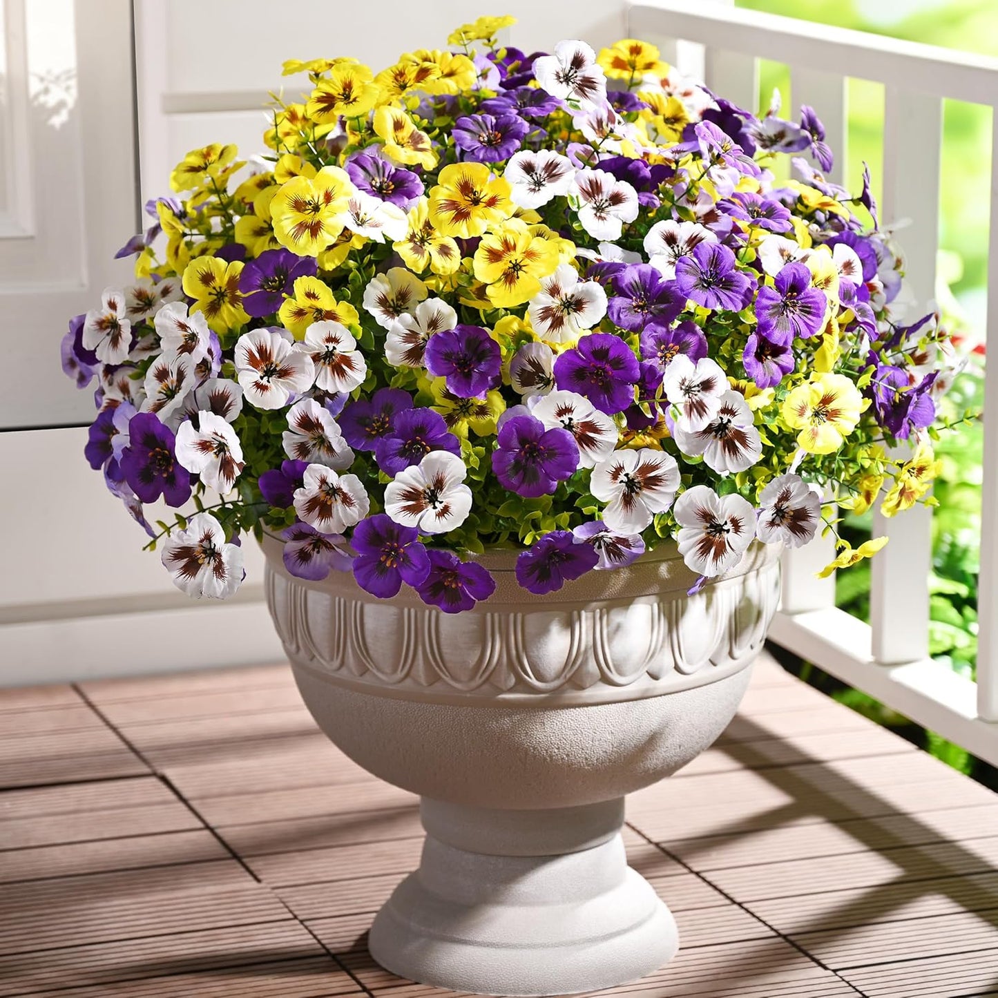 Waipfaru 36 Bundles Artificial Pansy Flowers for Outdoor, UV Resistant Faux Silk Flowers for Outdoor Planters Front Door Porch Yard Patio Window Box Home Decor (Purple, Yellow, White)