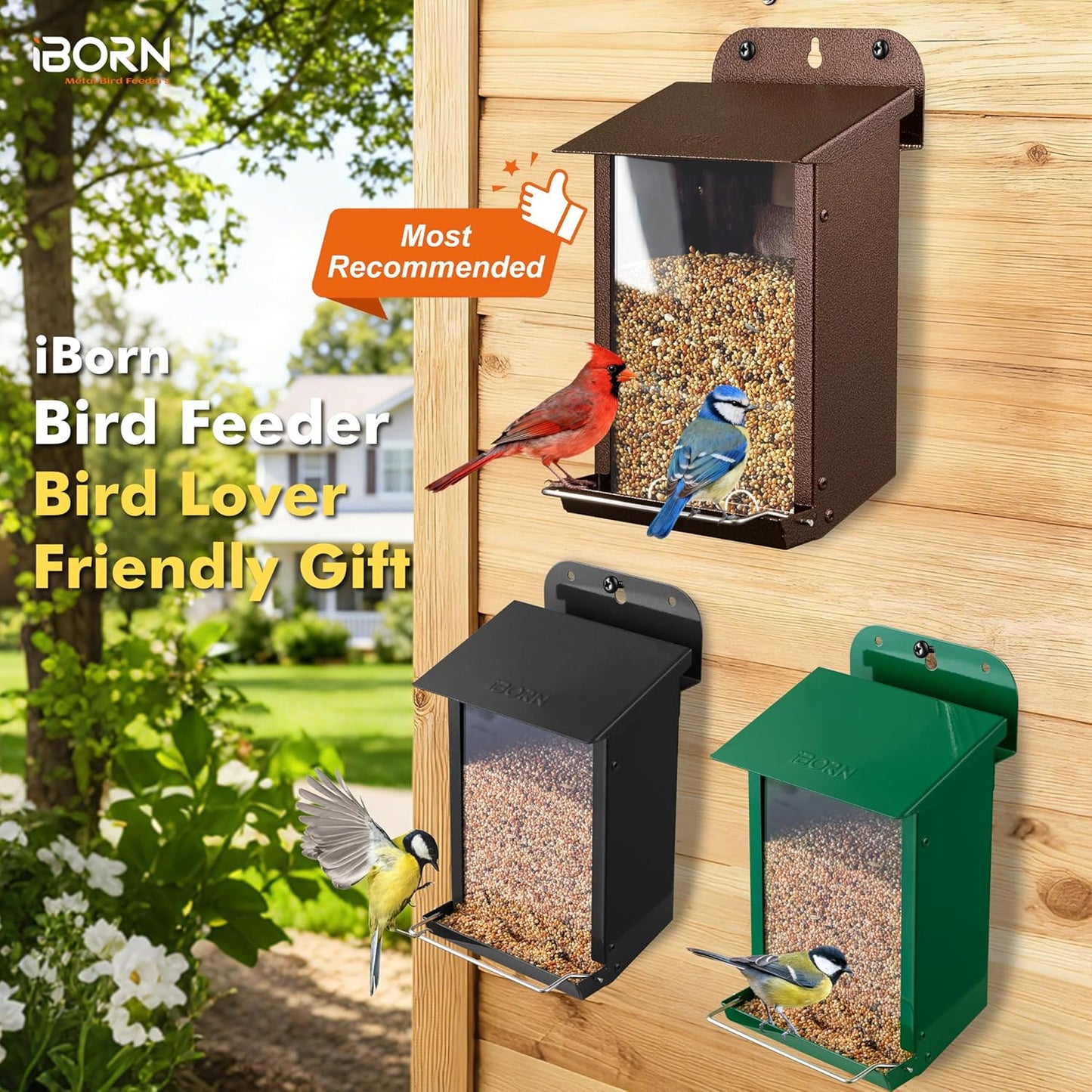 iBorn Bird Feeder for Outdoors, Wall Mounted Bird Feeder Weatherproof Metal Roof, Heavy Duty Metal Birdfeeder for Tree, Fence, Wall Screwed-in Mounting, All Detachable Easy Clean,1.3Lbs, Coffee