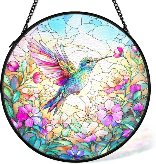 Hummingbird Flower Whimsical Suncatcher Stained Glass Window Hanging Decor, Cottagecore Birds Stained Glass Wall Decor, Country Garden Sun Catchers Indoor Window Hanging Wall Art, 7.9x7.9In