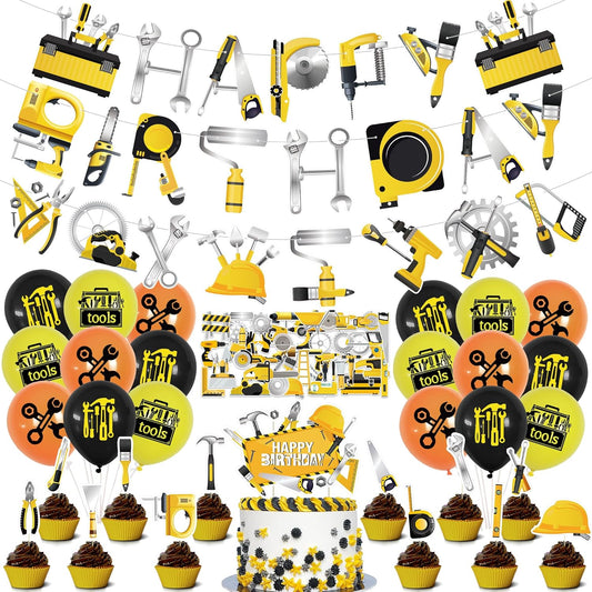 Tools Birthday Party Decorations, Tools Party Supplies Includes Happy Birthday Banner, Balloons, Cupcake Toppers, Cake Topper, Stickers for Tools Party