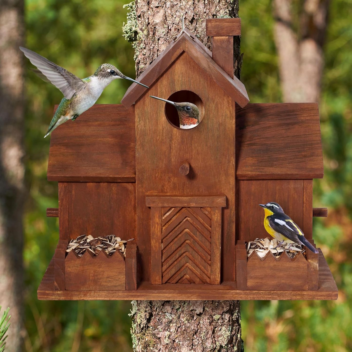 MIXUMON Bird Houses for Outside with Bird Feeder, Outdoor 3 Hole Bird 
