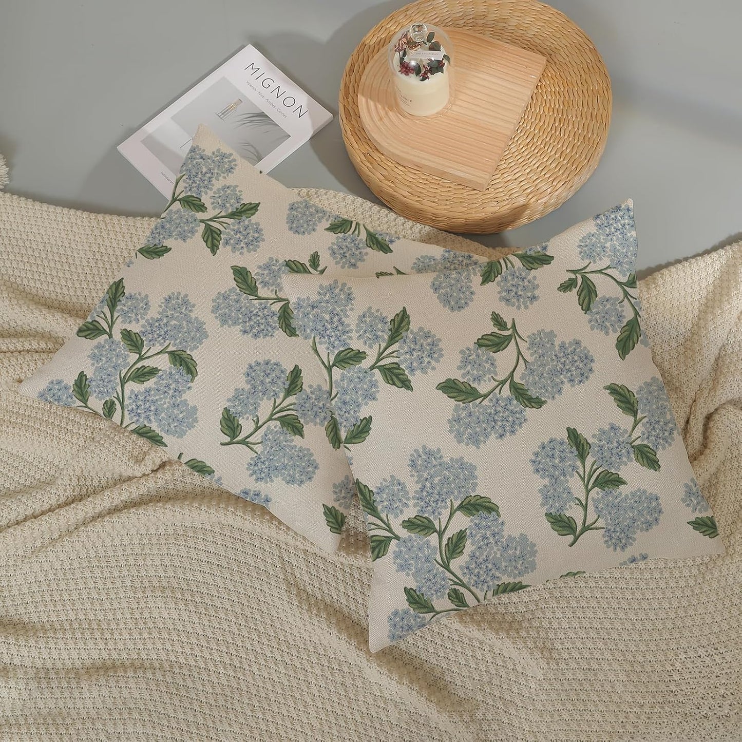 Spring Pillow Covers 18x18 Inch 2 Pcs Blue Green Hydrangea Flower Decor Throw Pillows Vintage Floral Seasonal Summer Outdoor Decoration Pillowcase Linen Cushion Cover for Couch Sofa