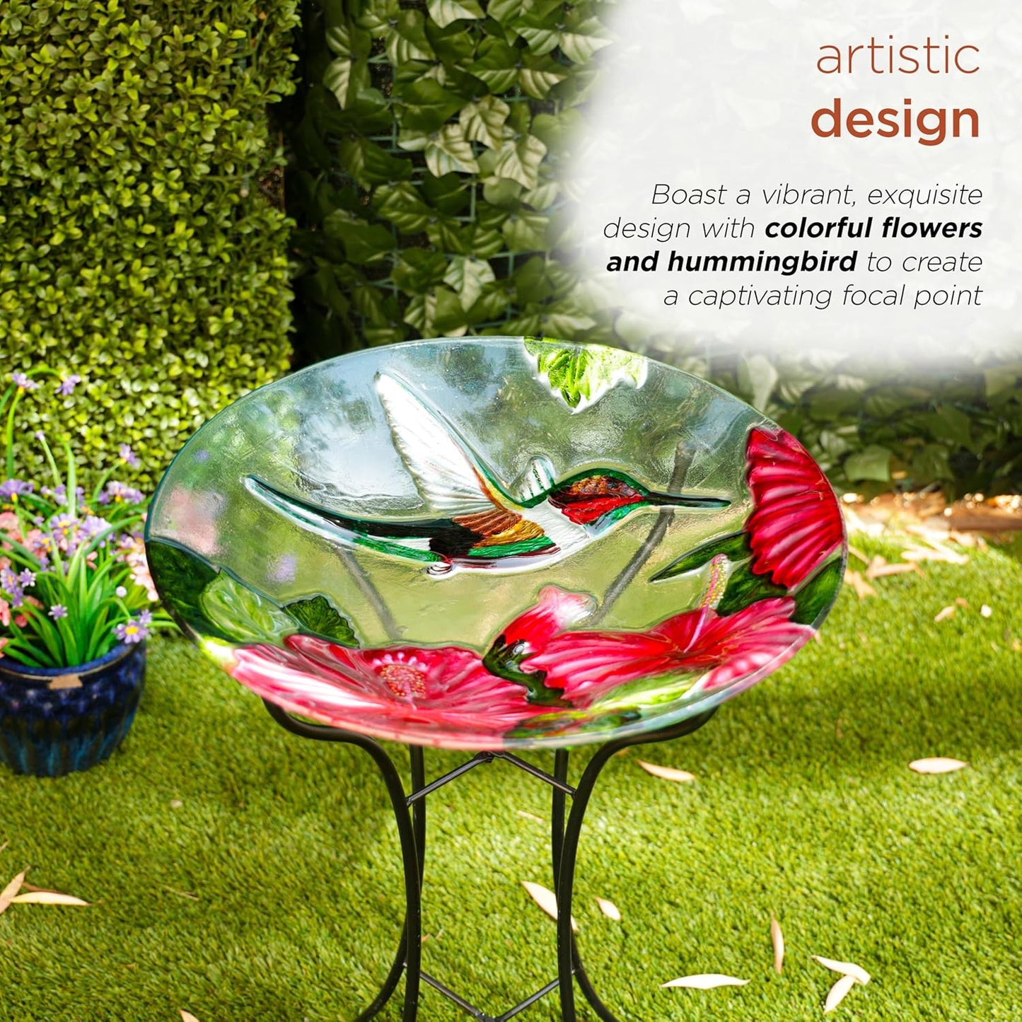 Alpine Corporation 26" Tall Outdoor Glass Floral Hummingbird Birdbath with Metal Stand and Detachable 18" diam Bowl, Garden Decor, Red