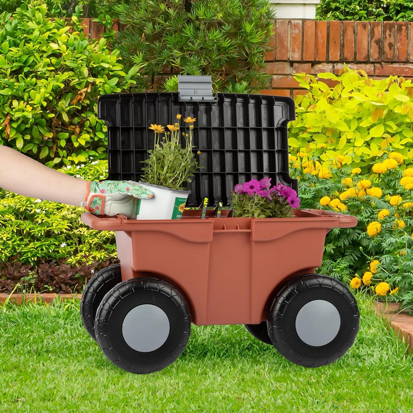 Pure Garden Rolling Garden Cart with Seat - Plastic Storage with Bench
