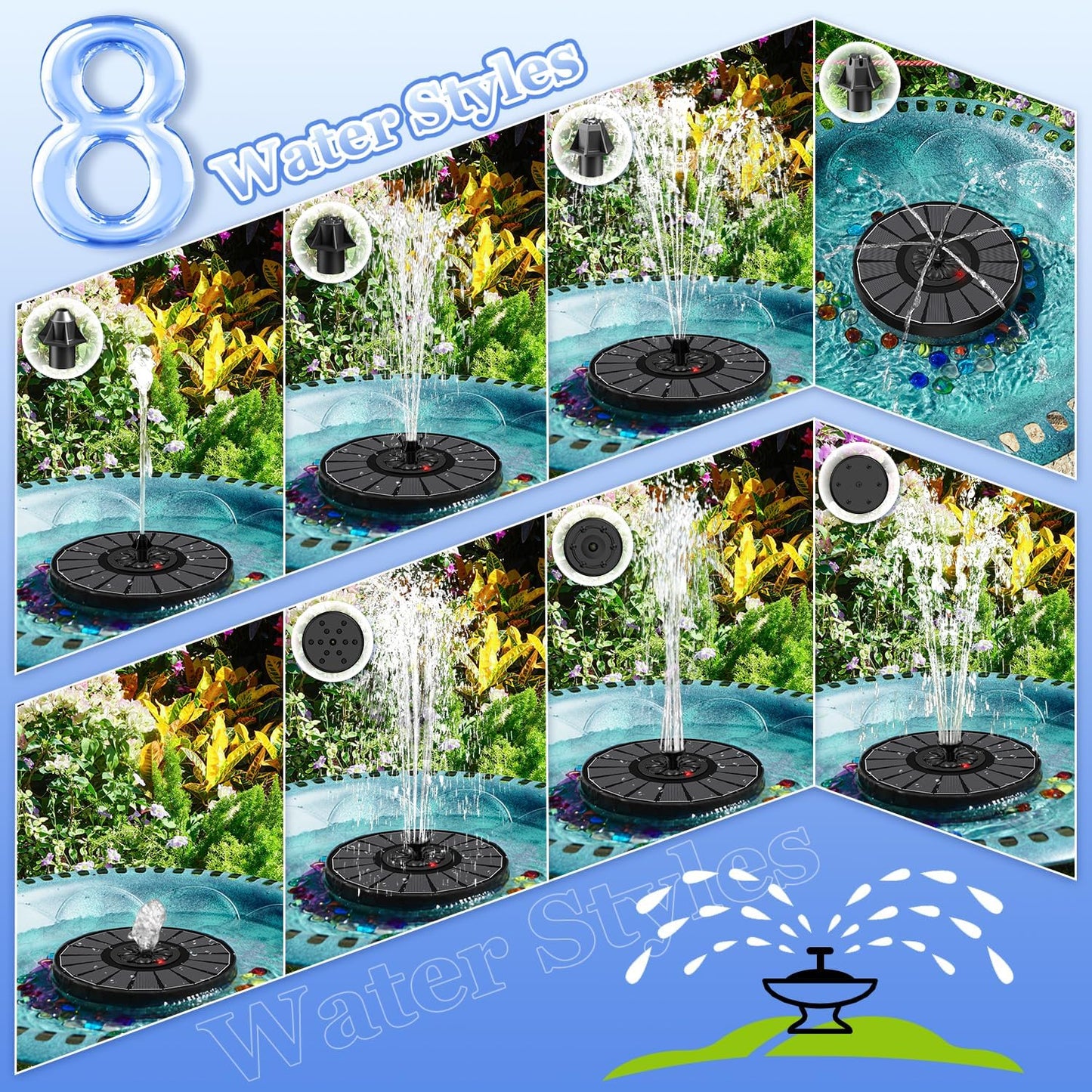 Yzert Solar Fountain with 2000mAh Battery & Innovative Indicator, 3.5W Glass Solar Water Fountain Pump Works in Cloudy Day with 7 Nozzles for Bird Baths, Gardens, Ponds, Pools, Outdoors (Black)