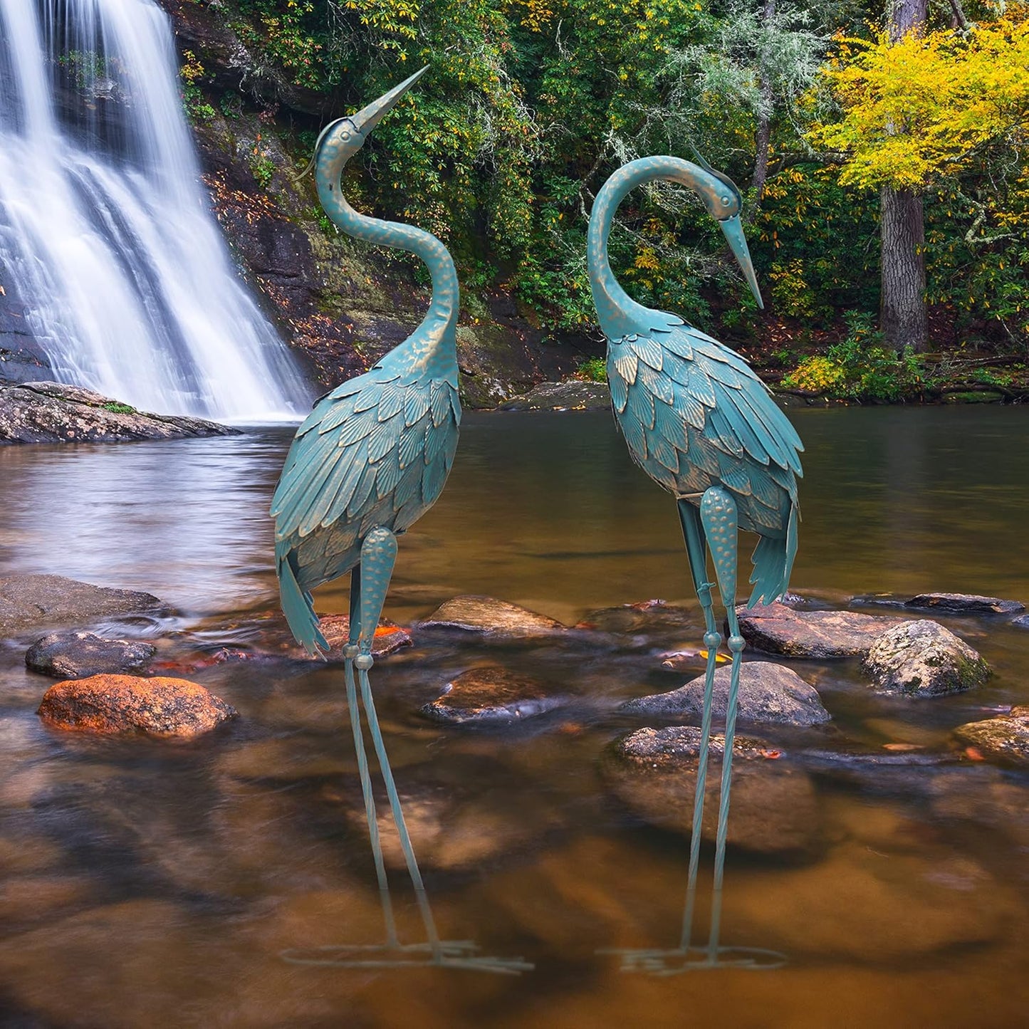 35-40 Inch Standing Garden Crane Statues for Outdoor, Metal Birds Yard Art Garden Crane Sculpture for Home Backyard Pond Patio Lawn Spring Decoration, Easter Decorations for Home, Set of 2