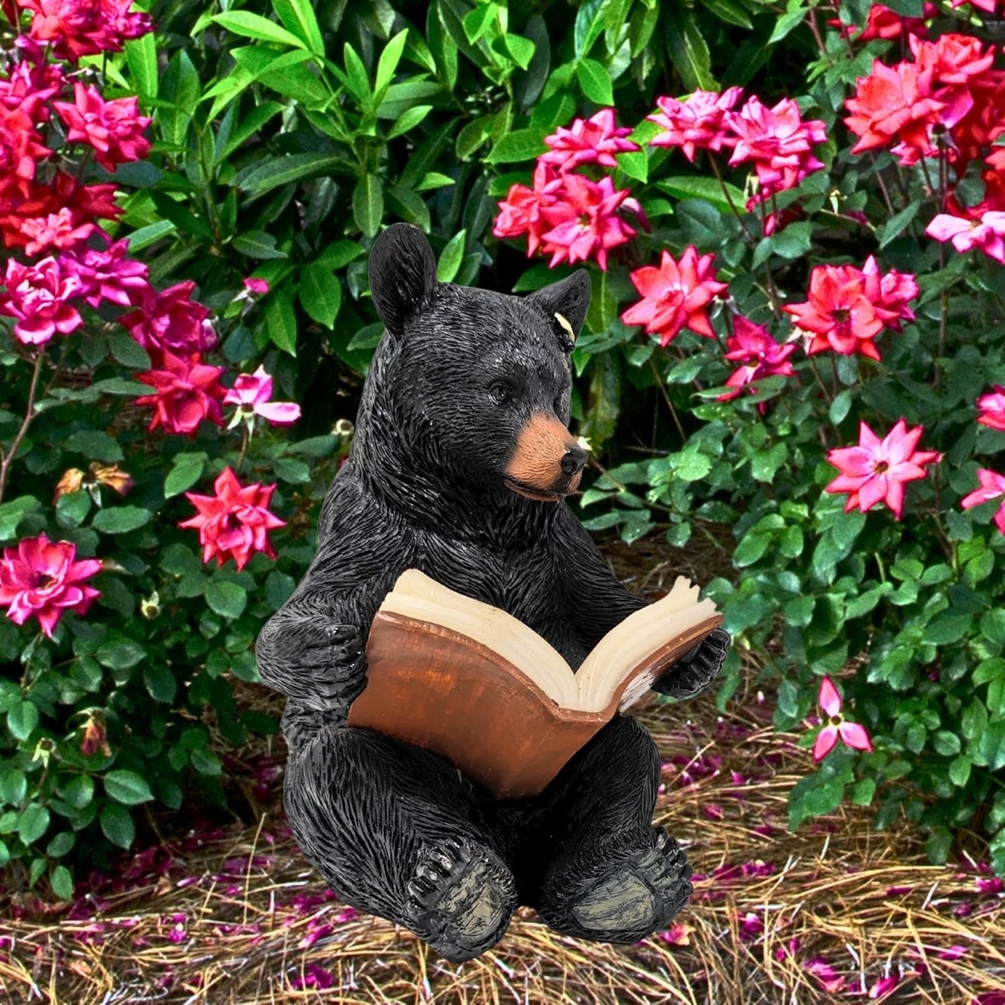 Black Bear Reading Solar Night Light – Rustic Wildlife Décor for Garden, Patio, Cabin, or Yard, Charming Bear with Glowing Book, Solar-Powered Decor Accent, Great Gift for Nature & Animal Lovers