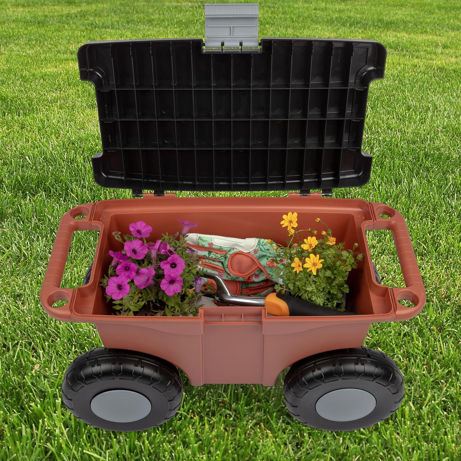 Pure Garden Rolling Garden Cart with Seat - Plastic Storage with Bench
