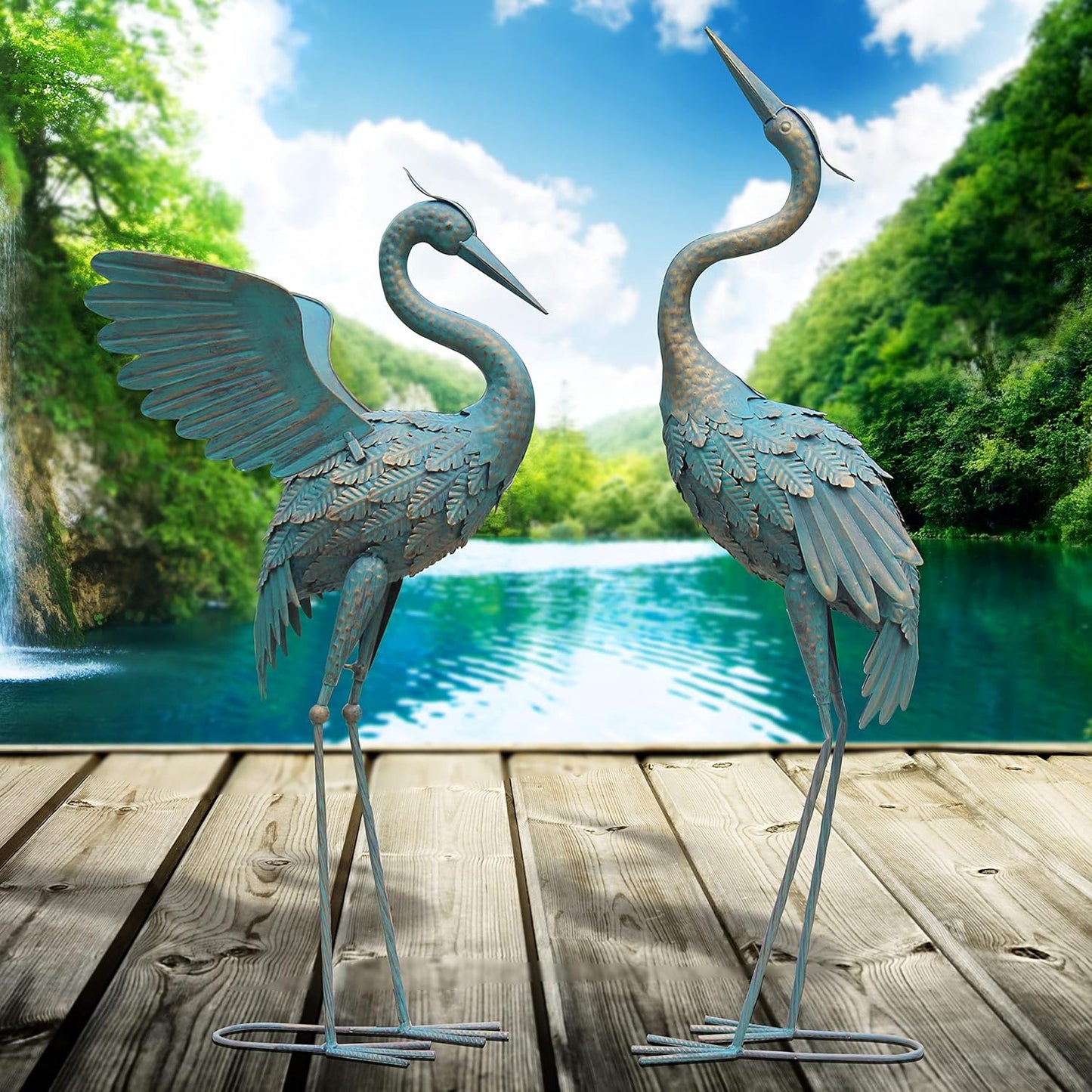 33-37 Inch Metal Crane Garden Statue Décor, Bird Garden Sculpture & Statues, Outdoor Decoration for Yard Patio Lawn Backyard Pool, Easter Decorations for Home, Set of 2