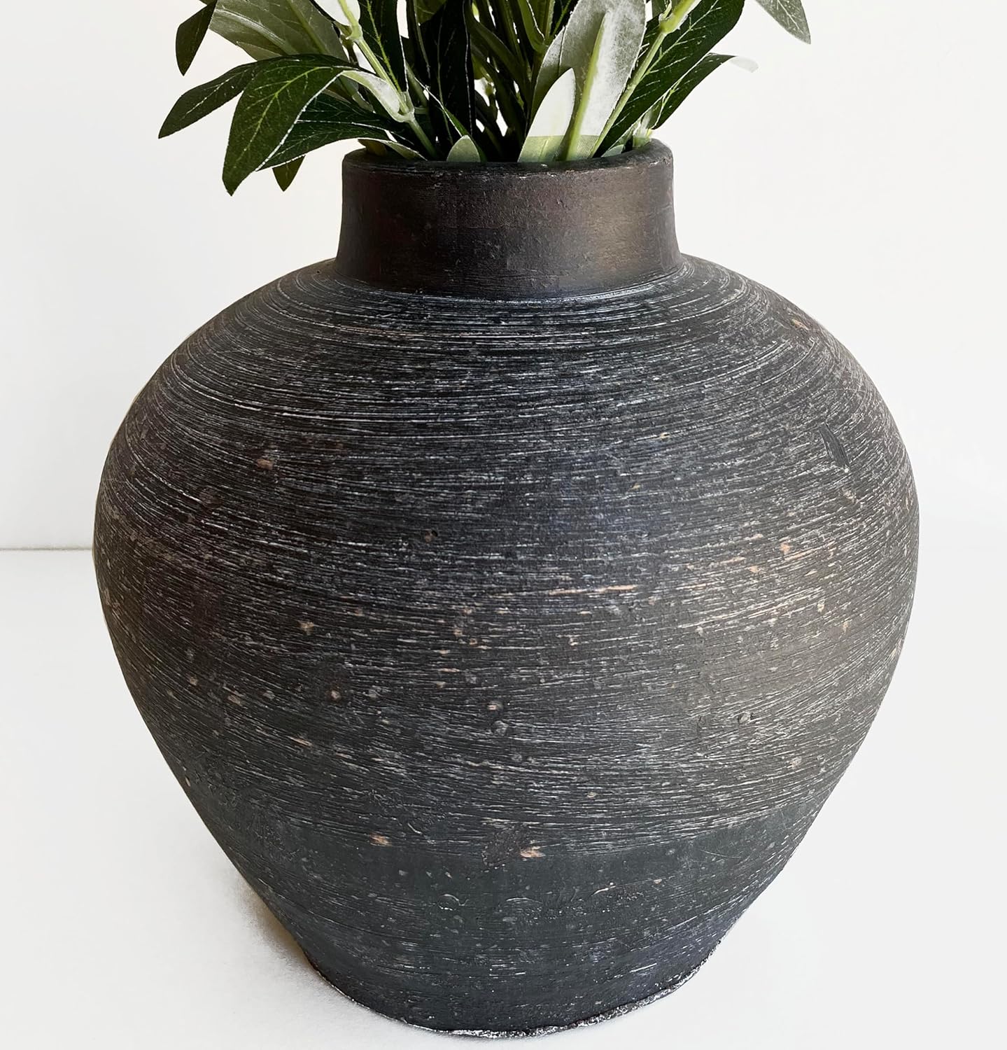 Handmade 10'' Black Rustic Clay Vase, Large Black Round Terracotta Vase, Stone Textured Farmhouse Pottery Pot