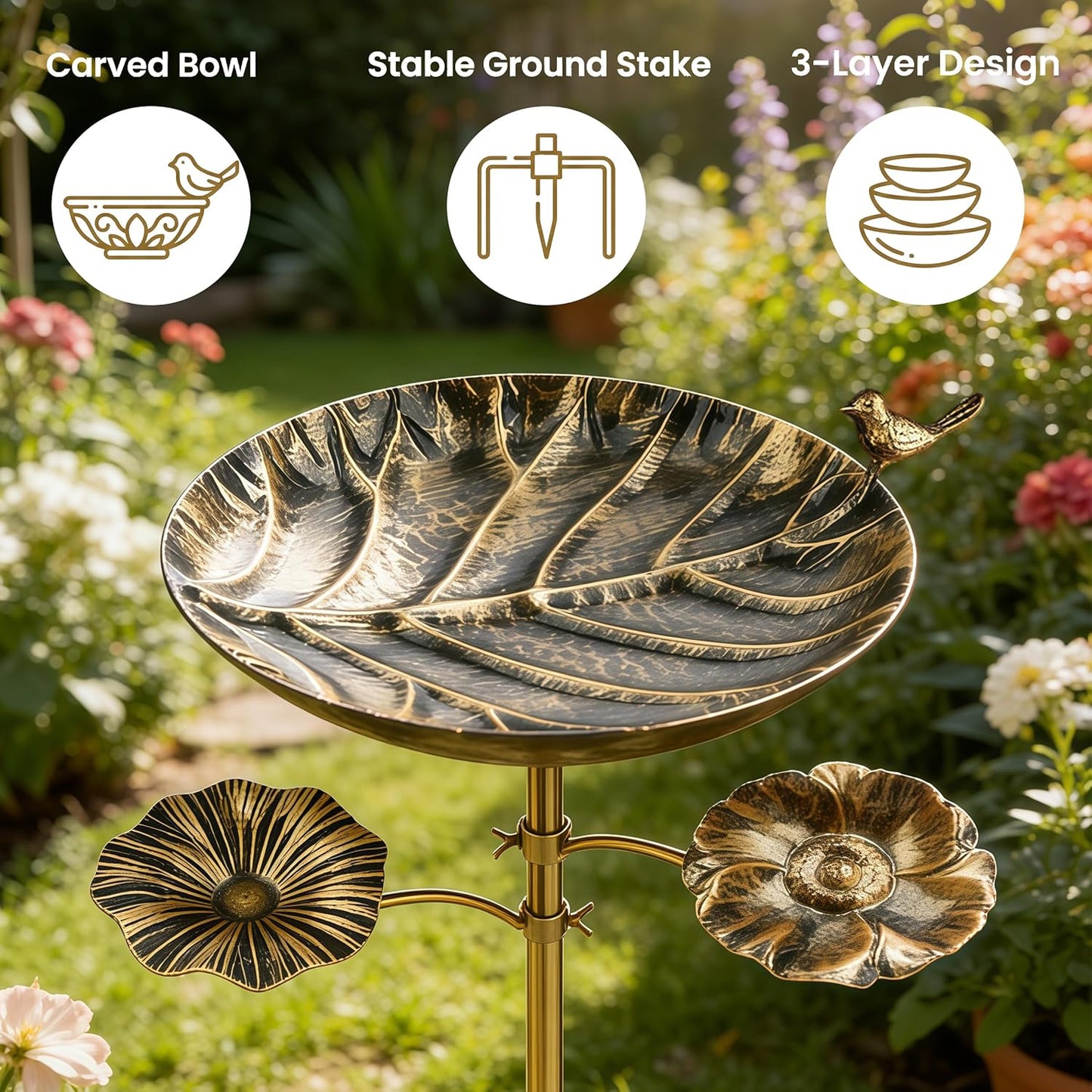 Triple Bowl Bird Bath for Outside, 3-in-1 Bird Bath & Feeder with 4-Claw Ground Stake, 51in Height, 11.8in Large Top Bowl, Outdoor Birdbath for Garden Patio Yard Decor, Antique Bronze