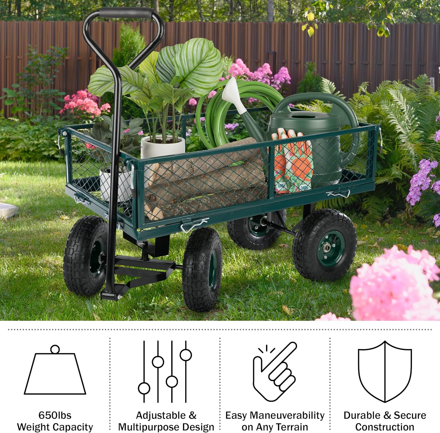 Garden Cart - Rolling Wagon Cart with 650lb Weight Capacity, All-Terra