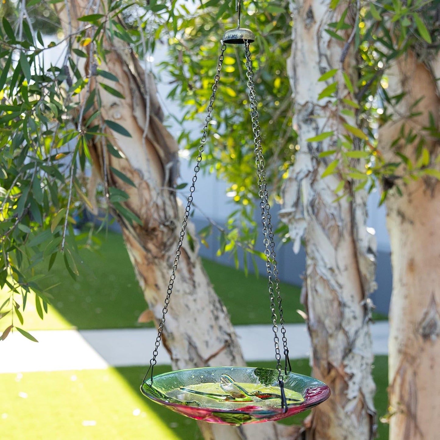 Alpine Corporation KBD150 Outdoor Hanging Glass Bird Feeder and Birdbath, Floral and Hummingbird Design with Chain, 10" W, Red/Green