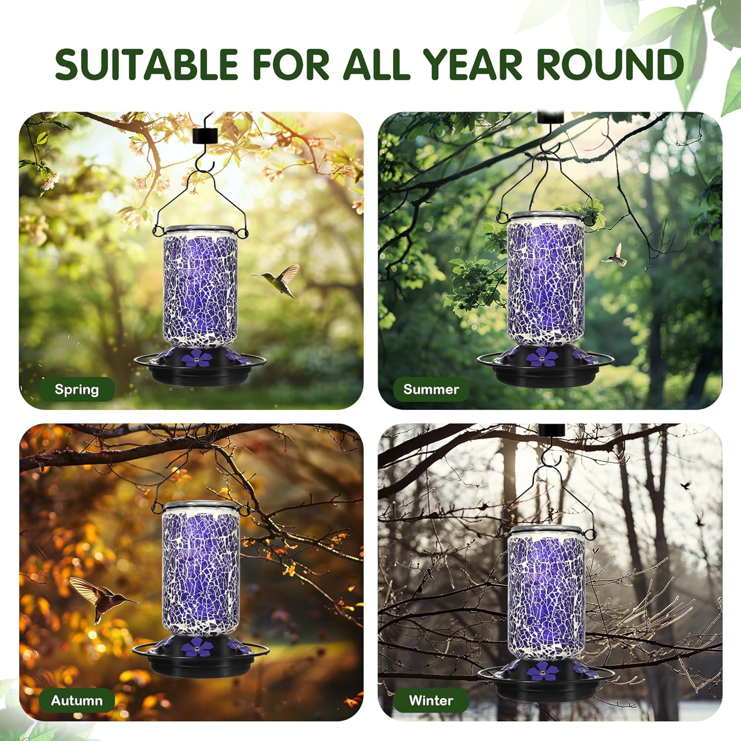 Glass Hummingbird Feeder,Purple Hummingbird Feeders for Outdoors Hangi