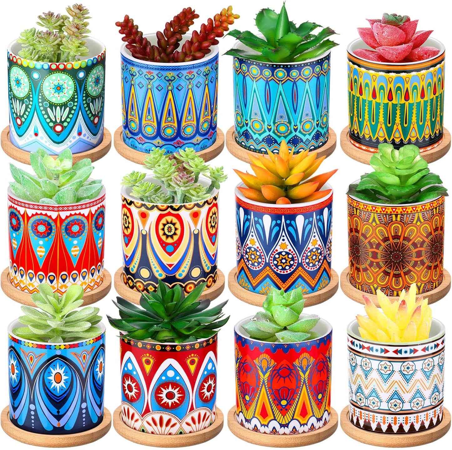 Zopeal 12 Pcs 3 Inch Mandala Ceramic Succulent Pots with Bamboo Trays, Small Indoor Cactus Planters with Drainage Holes for Desk, Windowsill and Home Decor