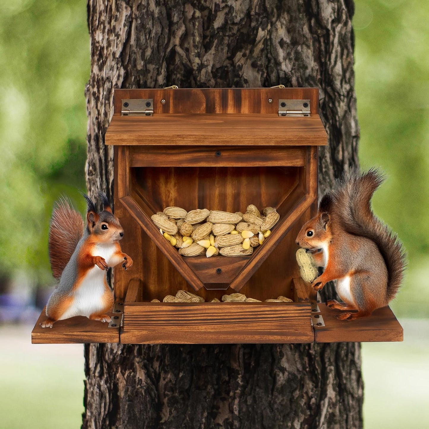 MIXUMON Wood Squirrel Feeder, Funnel Squirrel Feeders for Outside Winter, Wooden Chipmunk Feeder for Corn, Peanuts, Durable Box Easy to Fill with Removable Top Panel