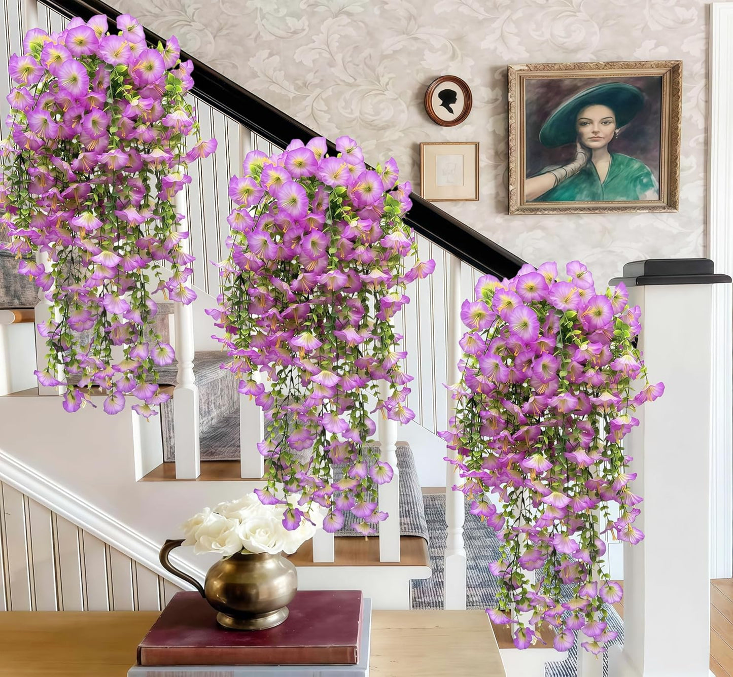 3Pcs Artificial Hanging Flowers for Outdoors UV Resistant Realistic PurpleFaux Petunias Vines for Outside Indoor Planter Porch Patio Yard HomeDecor
