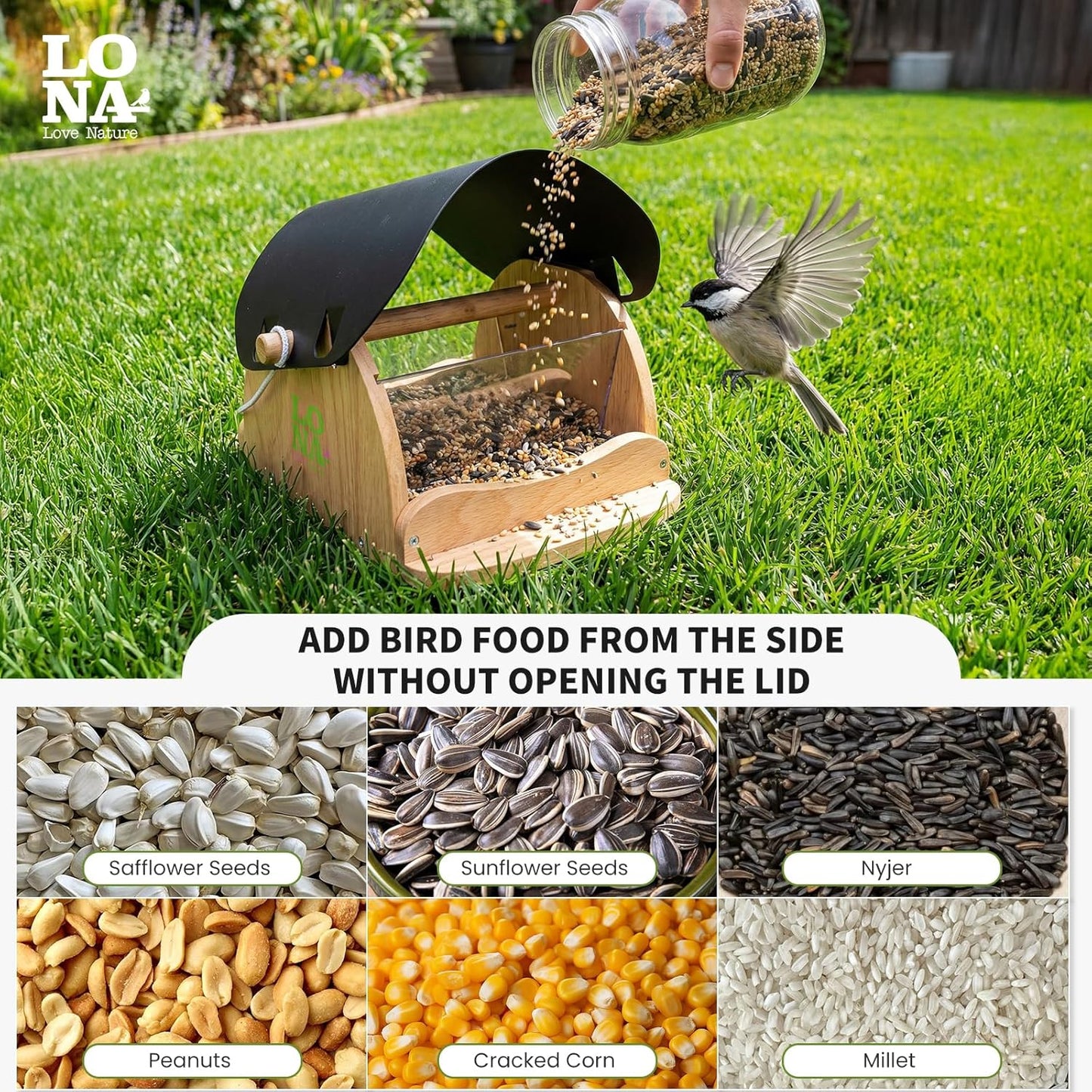 LONA Wooden Bird Feeder for Outdoors Hanging, Large Capacity Hopper wi