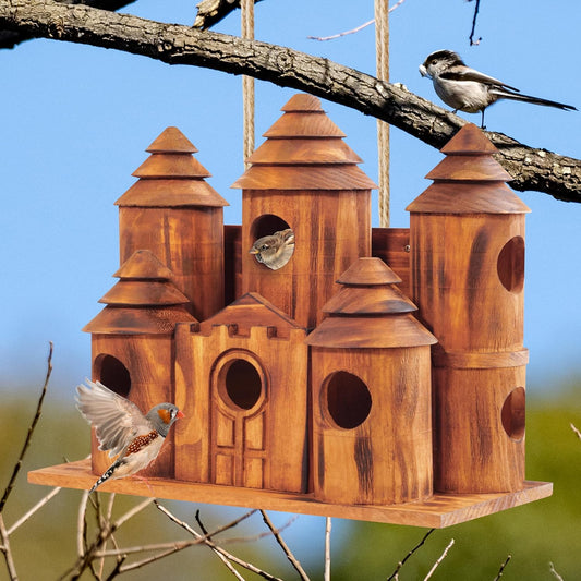 MIXUMON Wooden Bird Houses for Outside – 8 Rooms Castle-Style Bird House, Carbonized Pine Rustic Finish, 1.57" Entrance Holes, Decorative Outdoor Bird Nesting Box (Rustic, 8 Rooms)