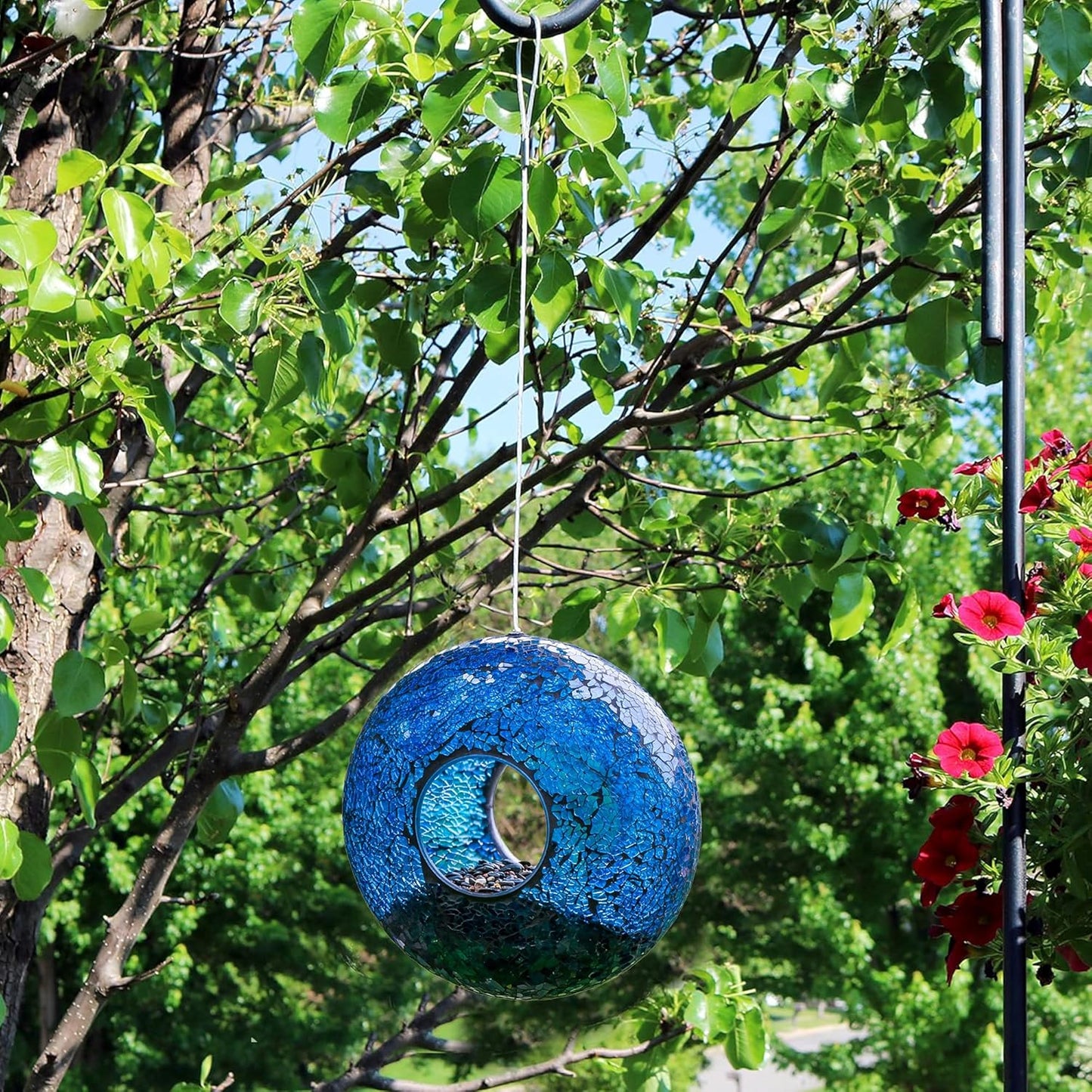Topadorn Bird Feeder Fly Through Mosaic Round Stained-Glass Birdfeeder
