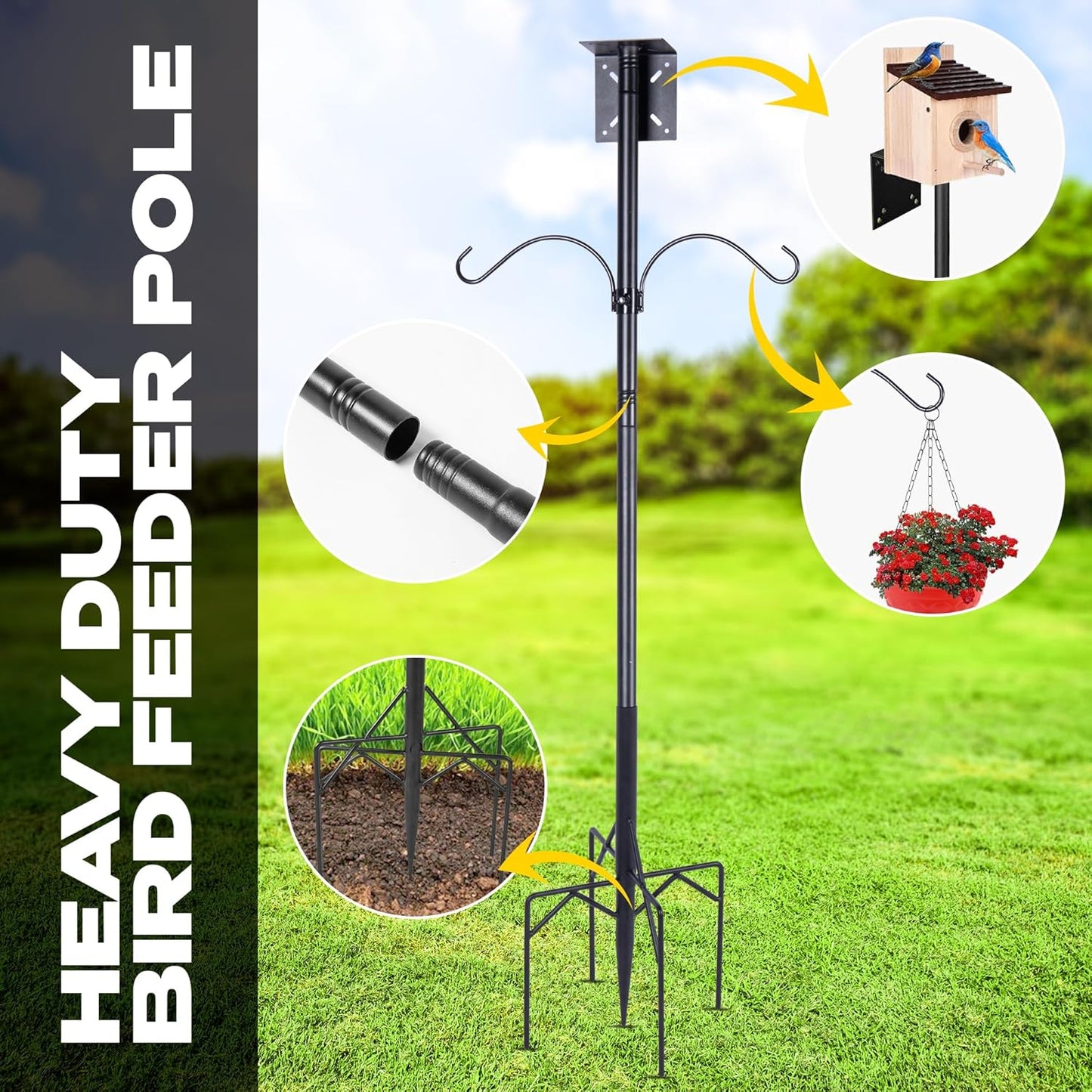 79 Inch Adjustable Bird Feeder Pole for Outdoors Heavy Duty | Bird House Pole | Bird Feeder Stand with Mounting Bracket and Shepherd's Hooks | Mounting Pole for Smart Bird Feeder