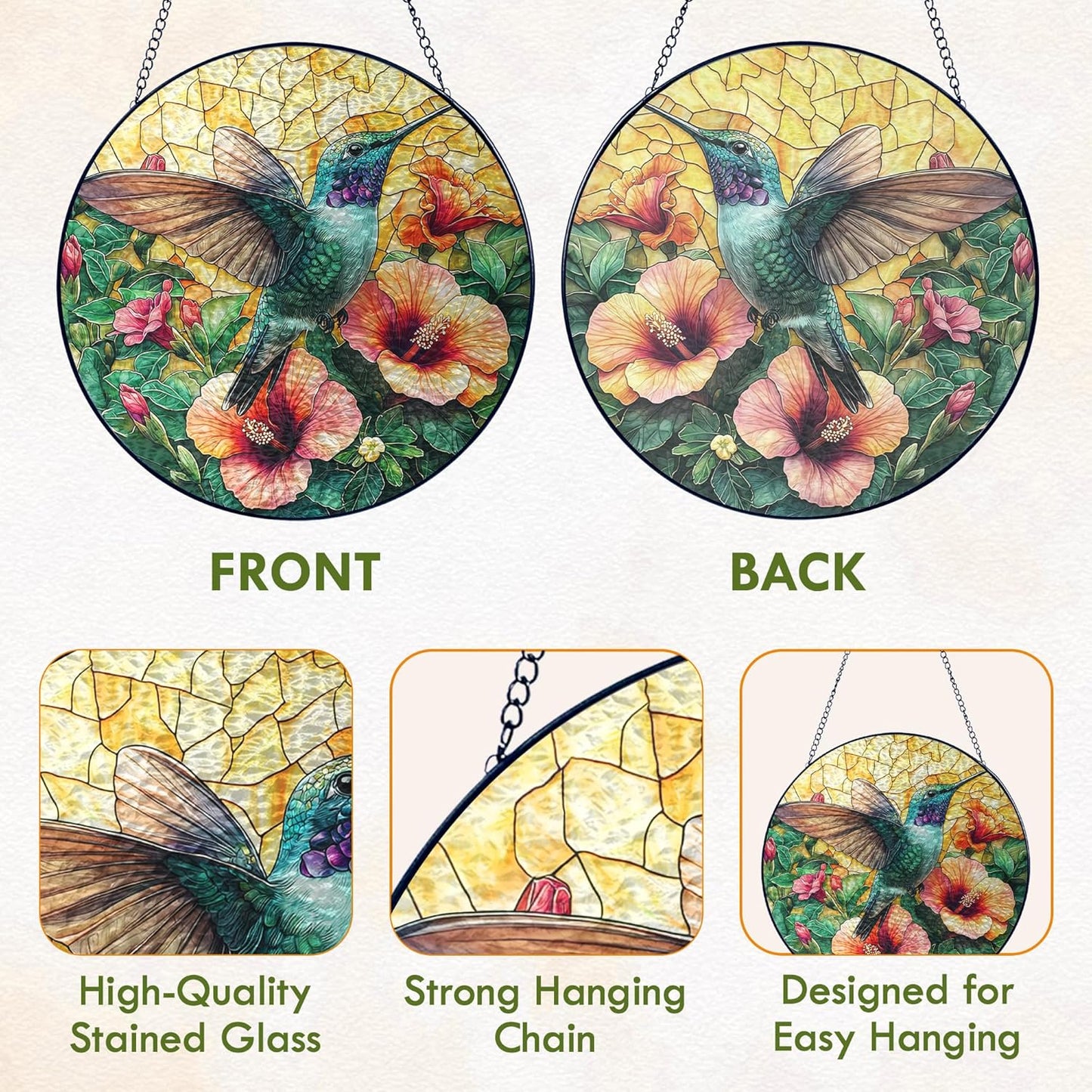 FLAGWIX Hummingbird Gifts for Women - Stained Glass Window Hanging 8 in - Sun Catchers Indoor Window for Boho Home Decor, Hibiscus Hummingbird Suncatcher, Mother Day Birthday Gifts for Mom Grandma