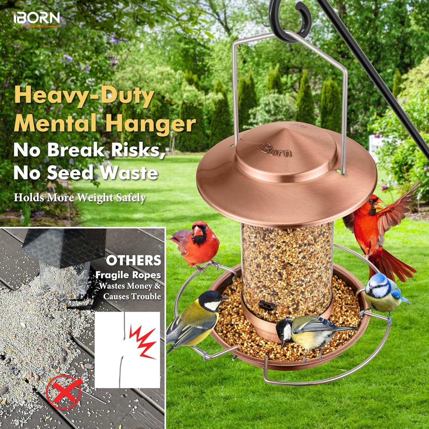 iBorn Bird Feeder Metal Squirrel Chew-Proof Bird Feeders for Outdoors Hanging Outside for Cardinal, Holds 1.5LB Seed with 3 Perchs, Brushed Copper (Seed is not Included)