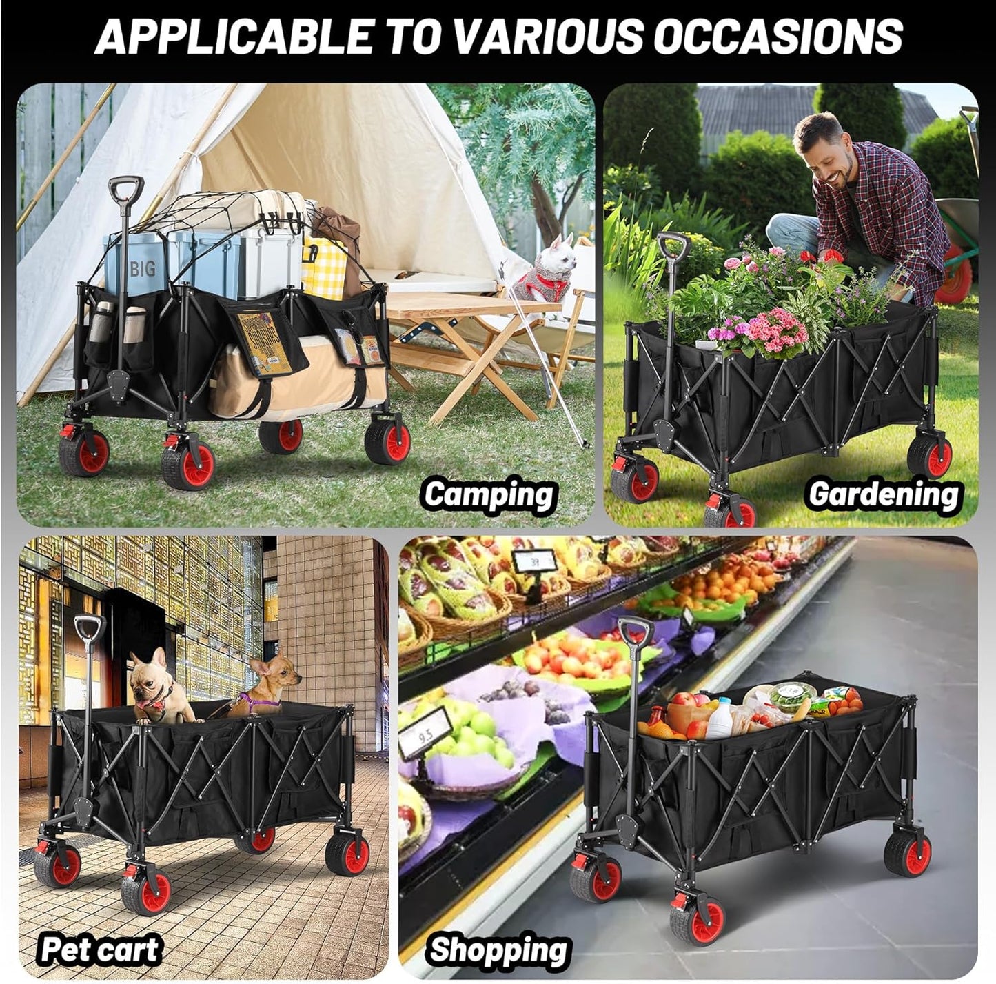 GAOMON 260L Large Collapsible Folding Wagon, Heavy Duty Beach Wagon Cart with Wheels, 400 Lbs Capacity Folding Shopping Cart with Side Bag and Cup Holders for Sports, Camping, Garden