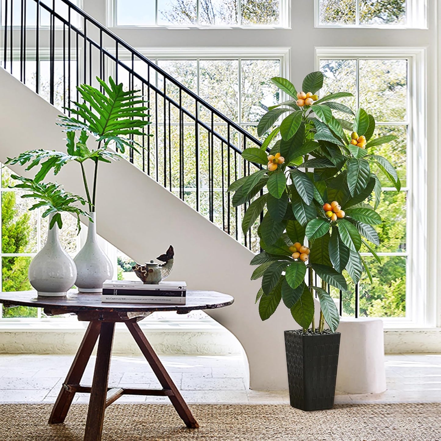 5FT Artificial Tree with Fruit, Artificial Loquat Tree, Large Fake Green Tropical Fruit Tree Silk Floor Plants Indoor with Black Planter for Outdoor Home Room Office Patio Decor