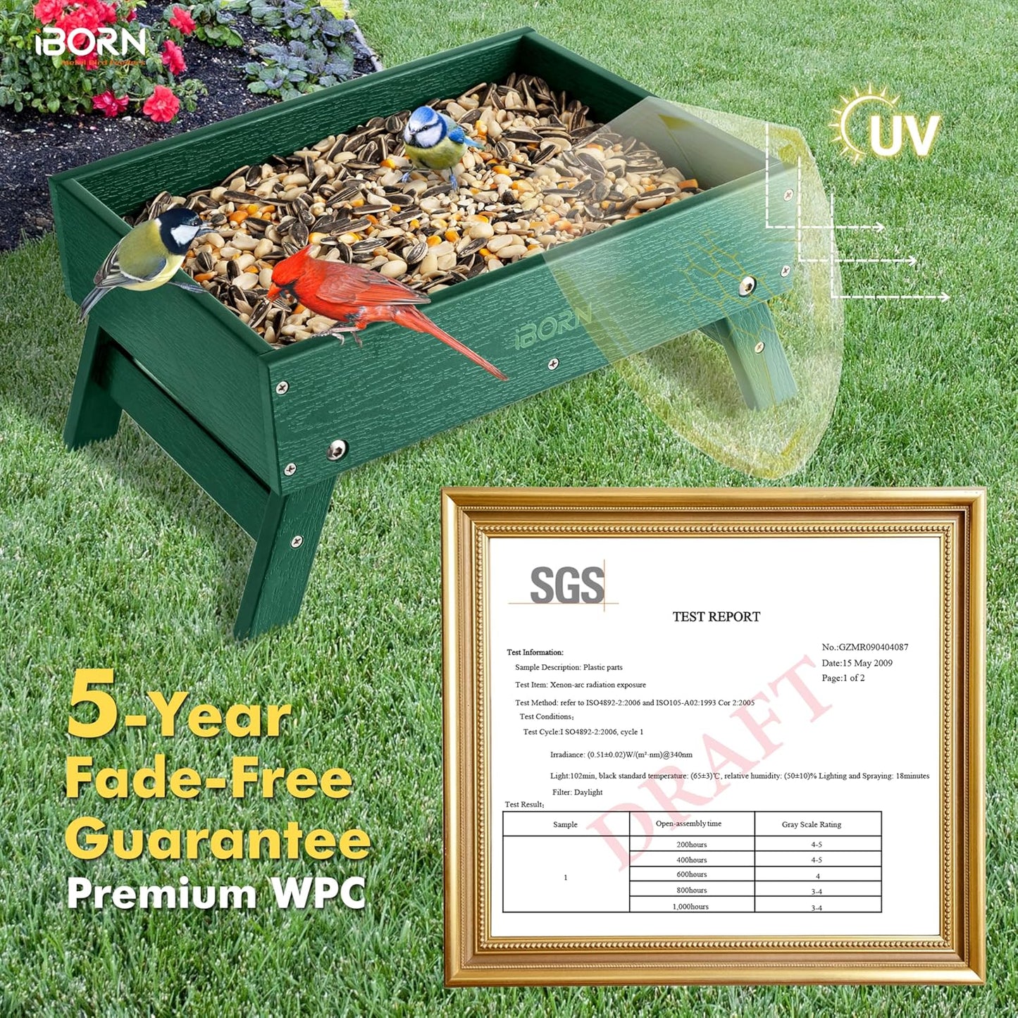 iBorn Ground Bird Feeder, Bird & Squirrel Platform Feeder for Outdoors, WPC Recycled Plastic, 3.6LB Large Capacity, Green