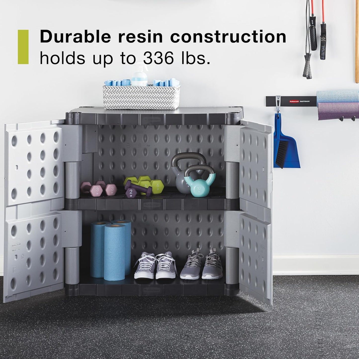 Rubbermaid Freestanding Storage Cabinet with Doors 18"D x 36"W x 37"H Medium Gray/Black Two-Shelf Lockable Cabinet for Indoor/Outdoor/Garage Storage for Garden Tools/Lawn Care Accessories